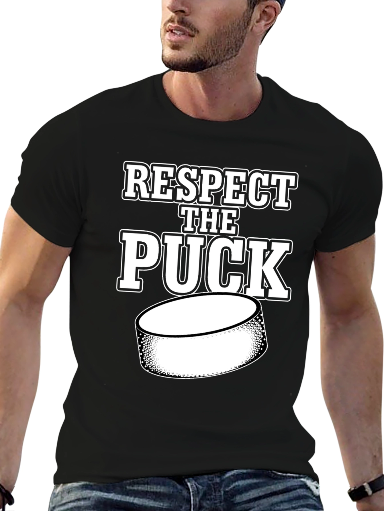 Black Respect the Puck Hockey T-Shirt view 6