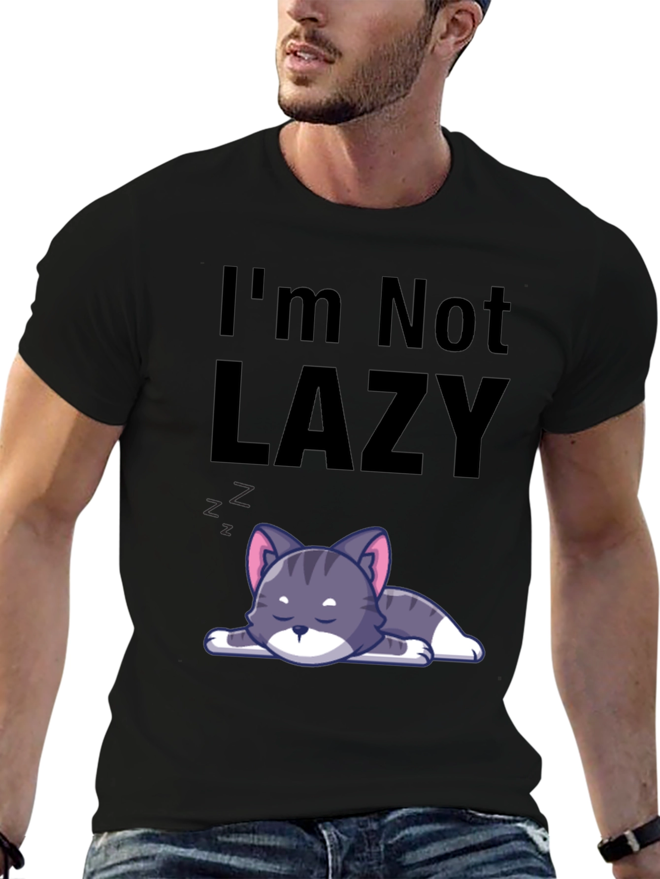 Black I'm Not Lazy Cat T-Shirt - Comfortable Cotton Blend view 6