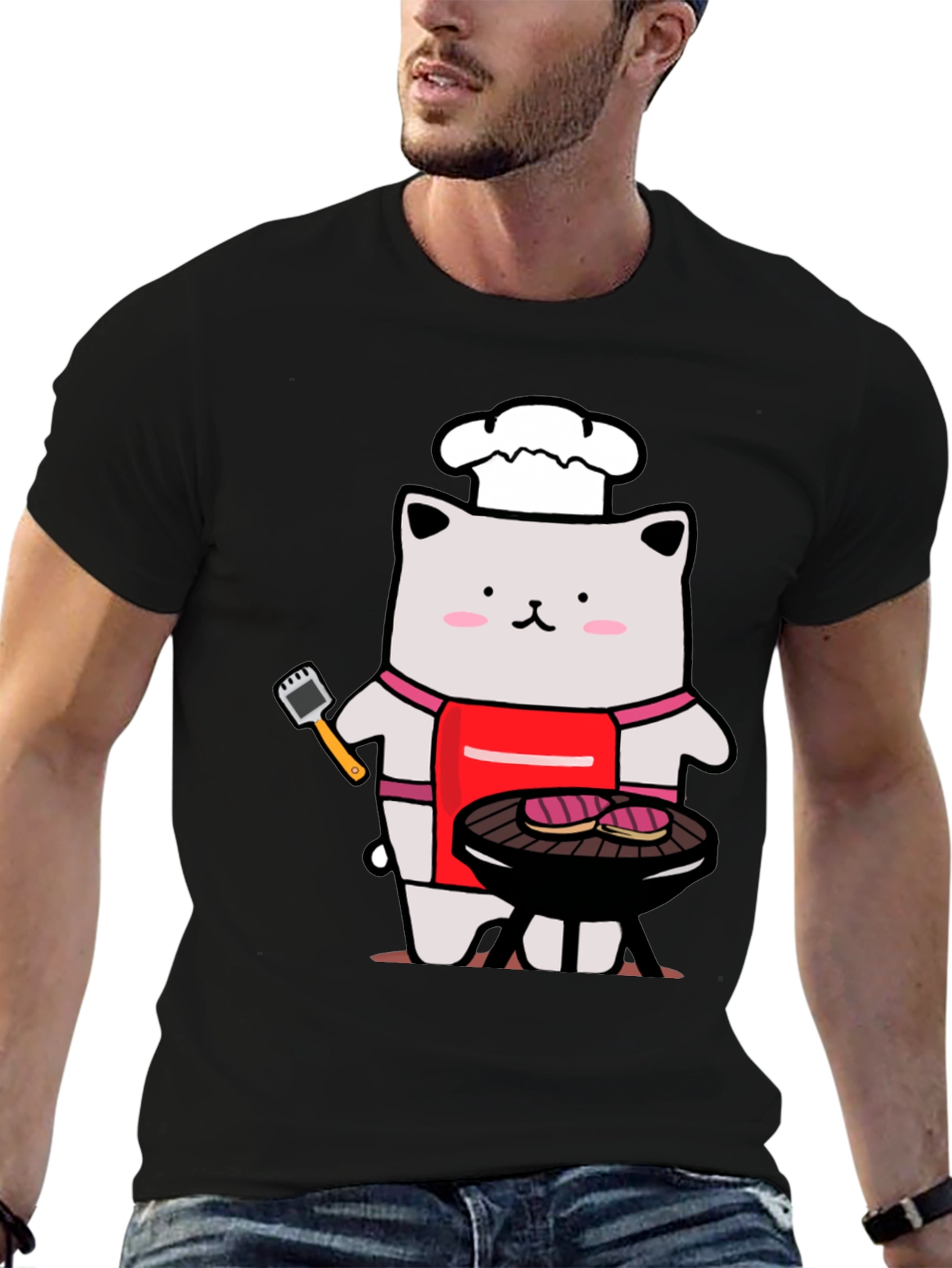 Black Chef Cat BBQ T-Shirt - Funny Grilling Tee view 6