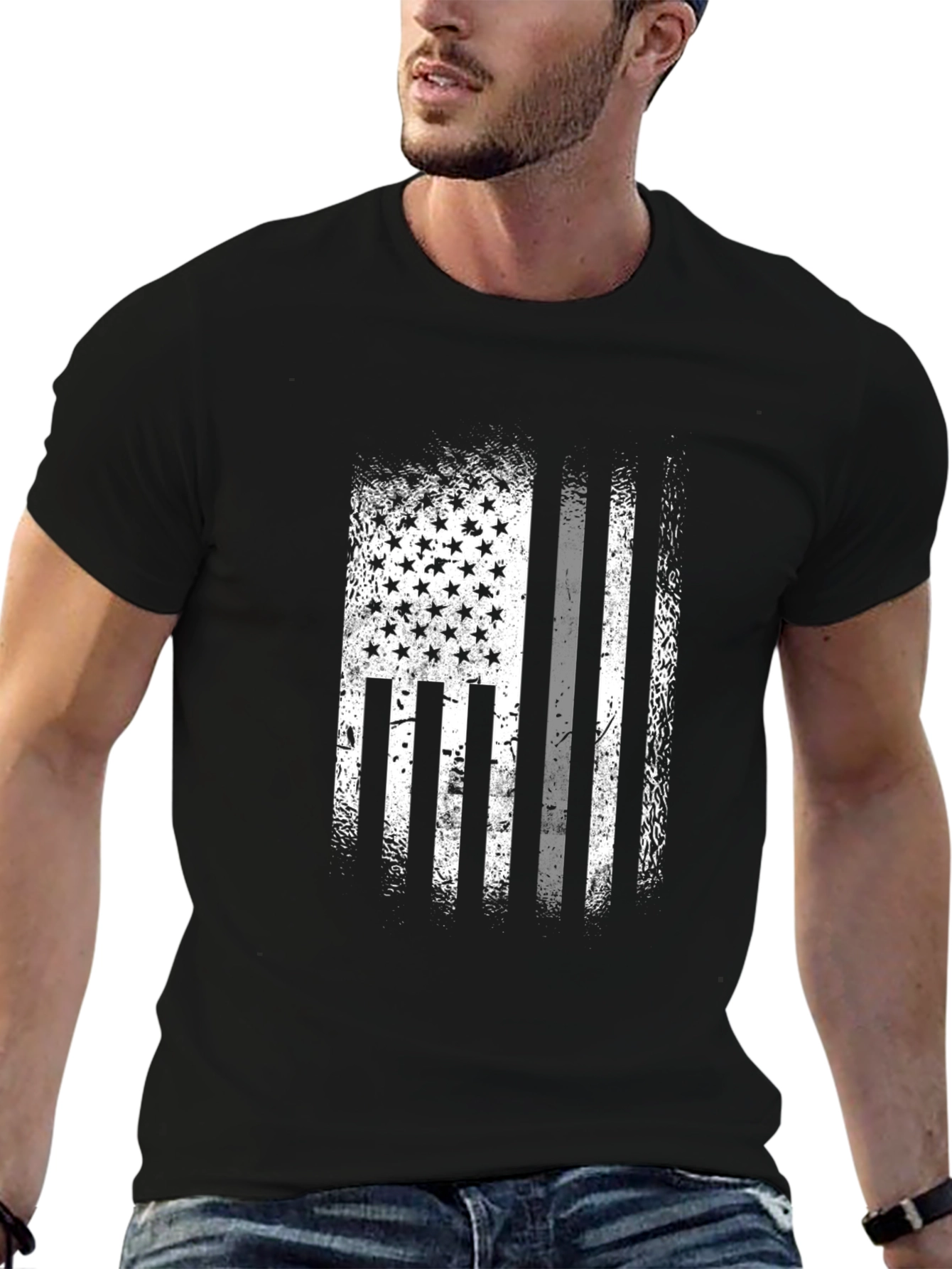Black American Flag Distressed Graphic T-Shirt view 6