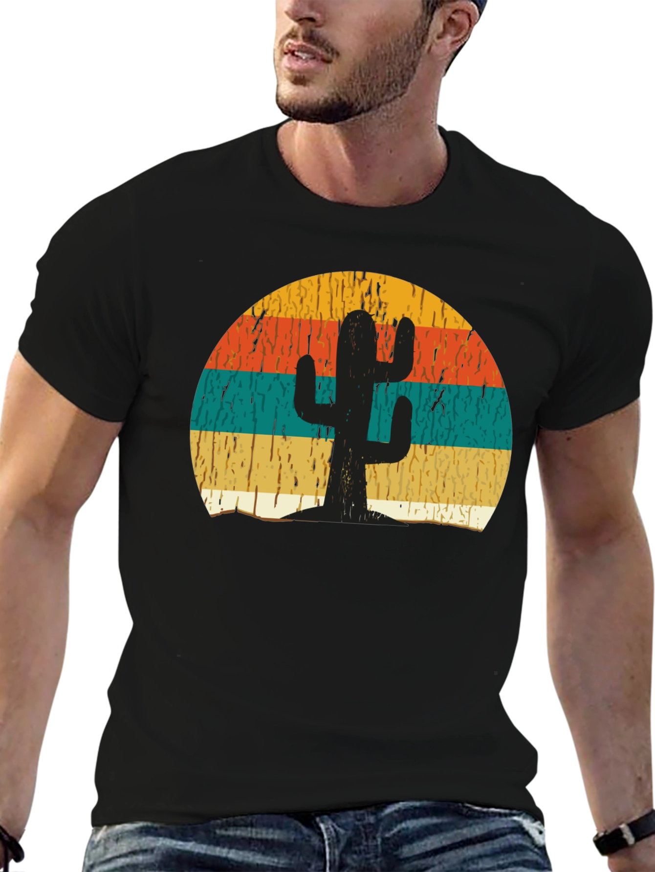 Black Retro Cactus Sunset Graphic T-Shirt view 6
