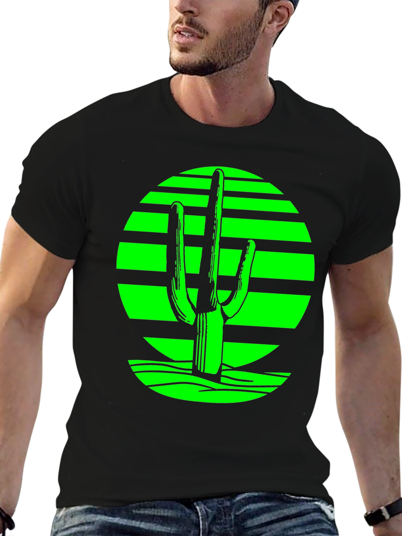 Black Retro Desert Cactus T-Shirt - Green on Black view 6
