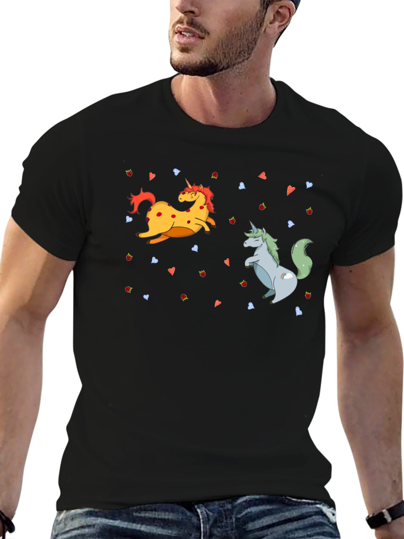 Black Unicorns & Strawberries Graphic T-Shirt - Black view 6