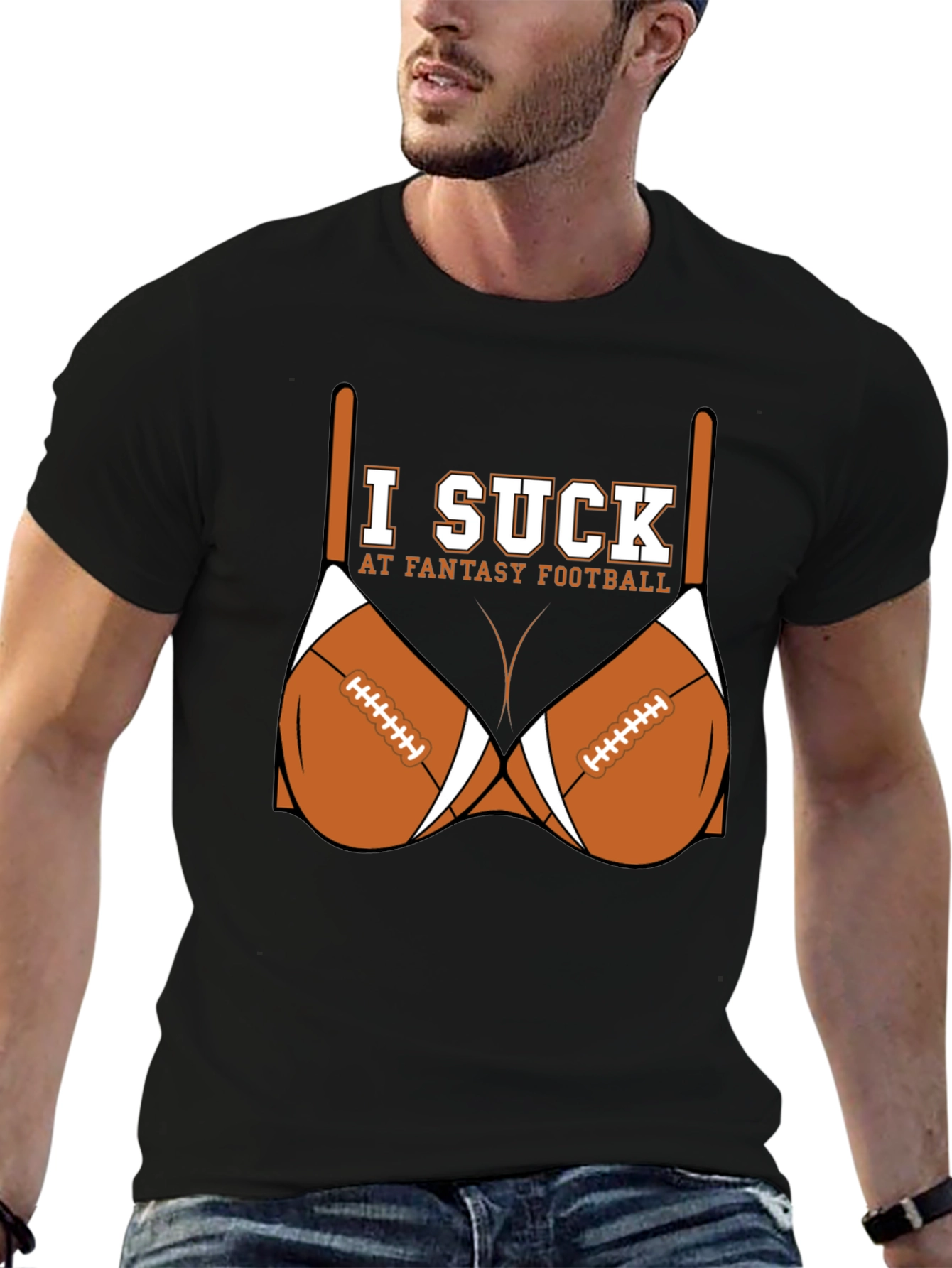 Black I Suck at Fantasy Football T-Shirt view 6