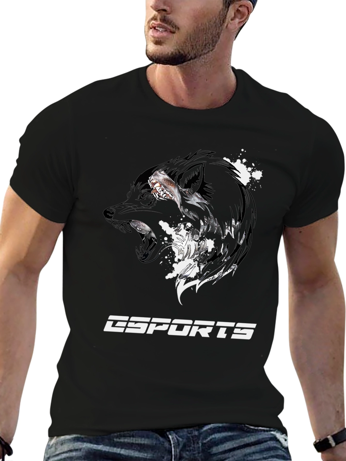 Black Esports Wolf Graphic Tee - Black Cotton T-Shirt view 6