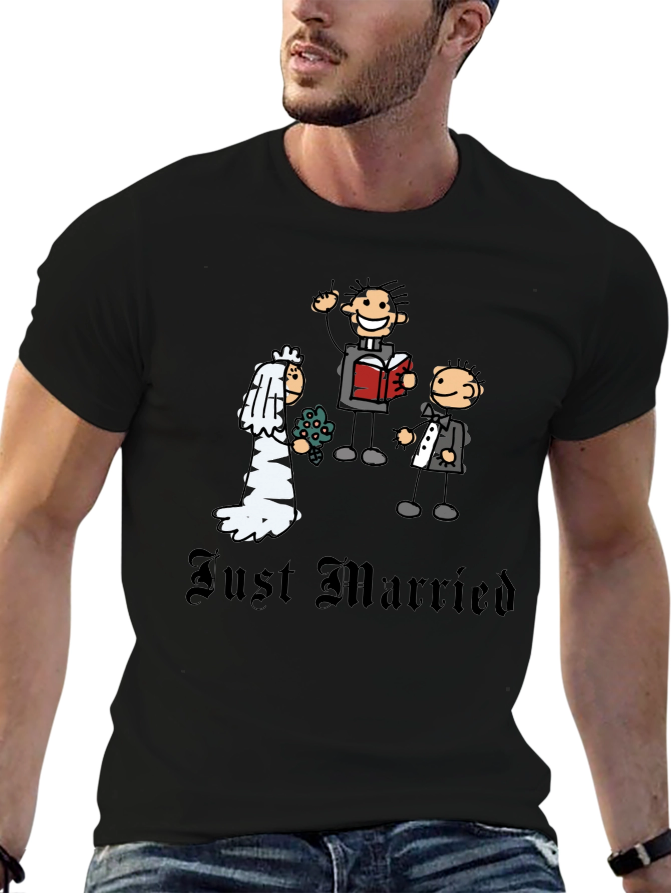 Black Just Married Cartoon Graphic T-Shirt - Novelty Wedding Tee view 6