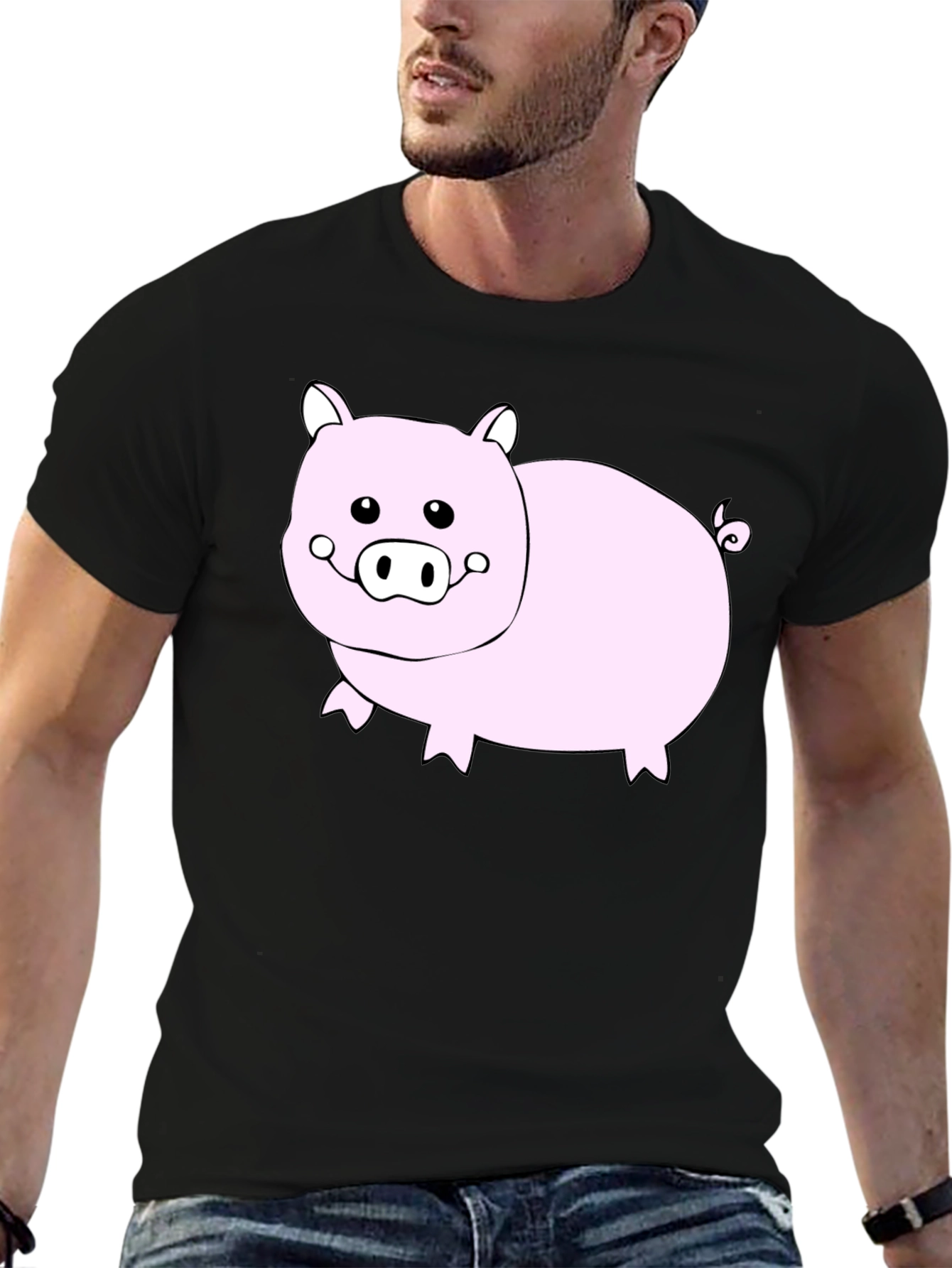 Black Cute Pig Graphic Black T-Shirt - Unisex view 6