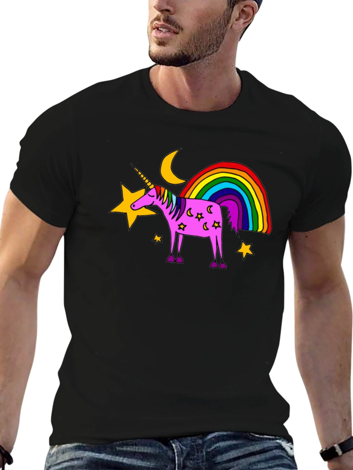 Black Unicorn Rainbow Graphic Tee - Black Cotton Casual Shirt view 6