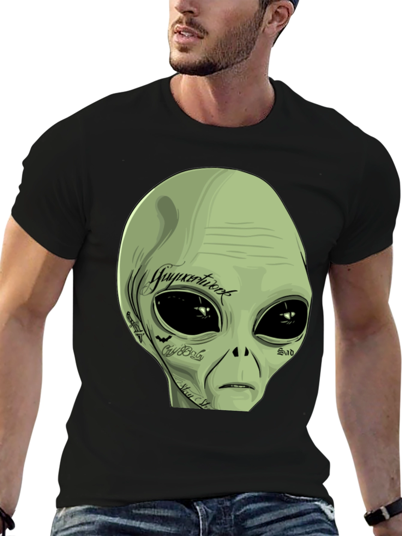 Black Tattooed Alien Graphic Tee - Black Cotton Casual T-Shirt view 6