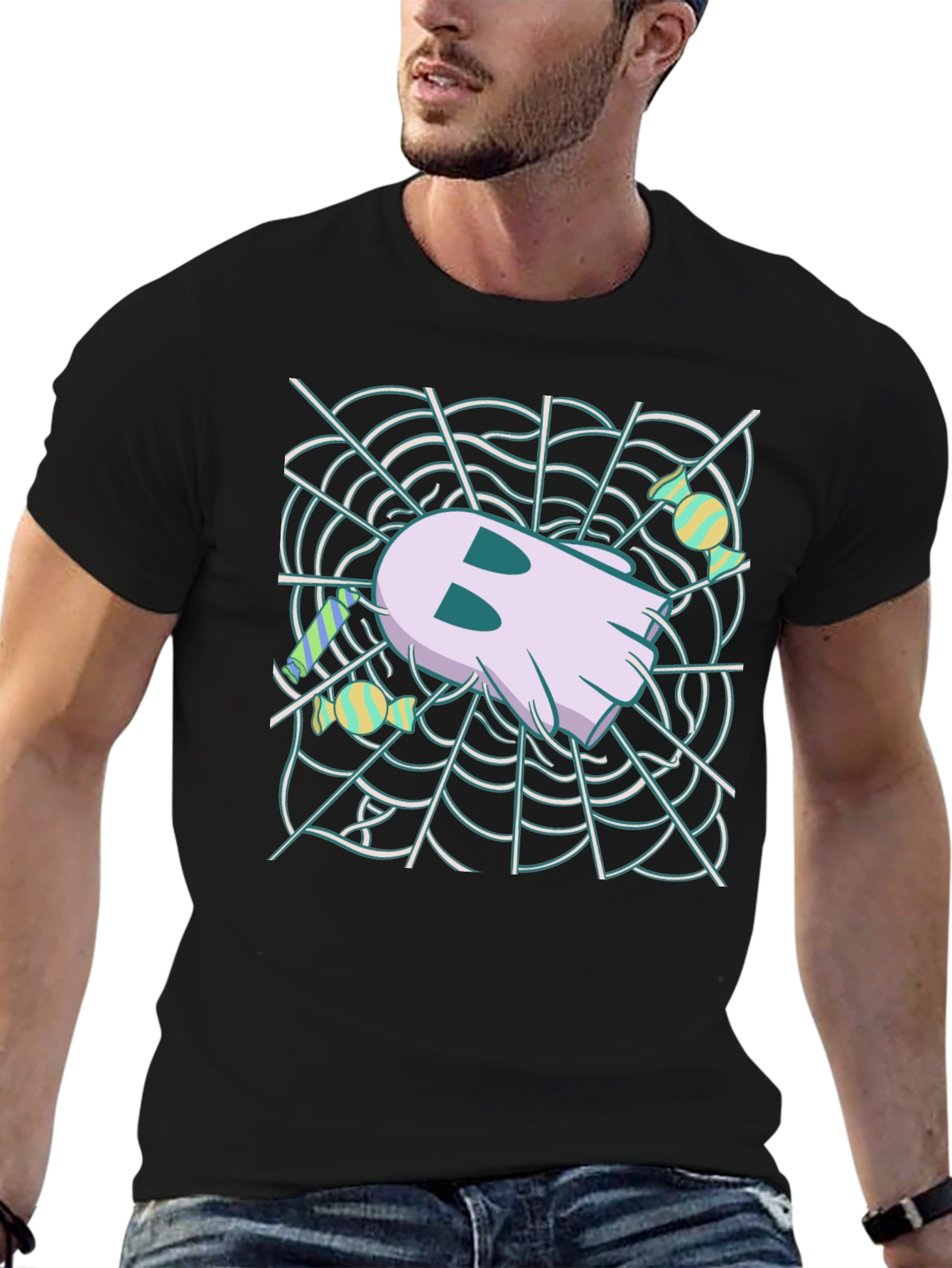 Black Ghost in Web Halloween Graphic T-Shirt view 6
