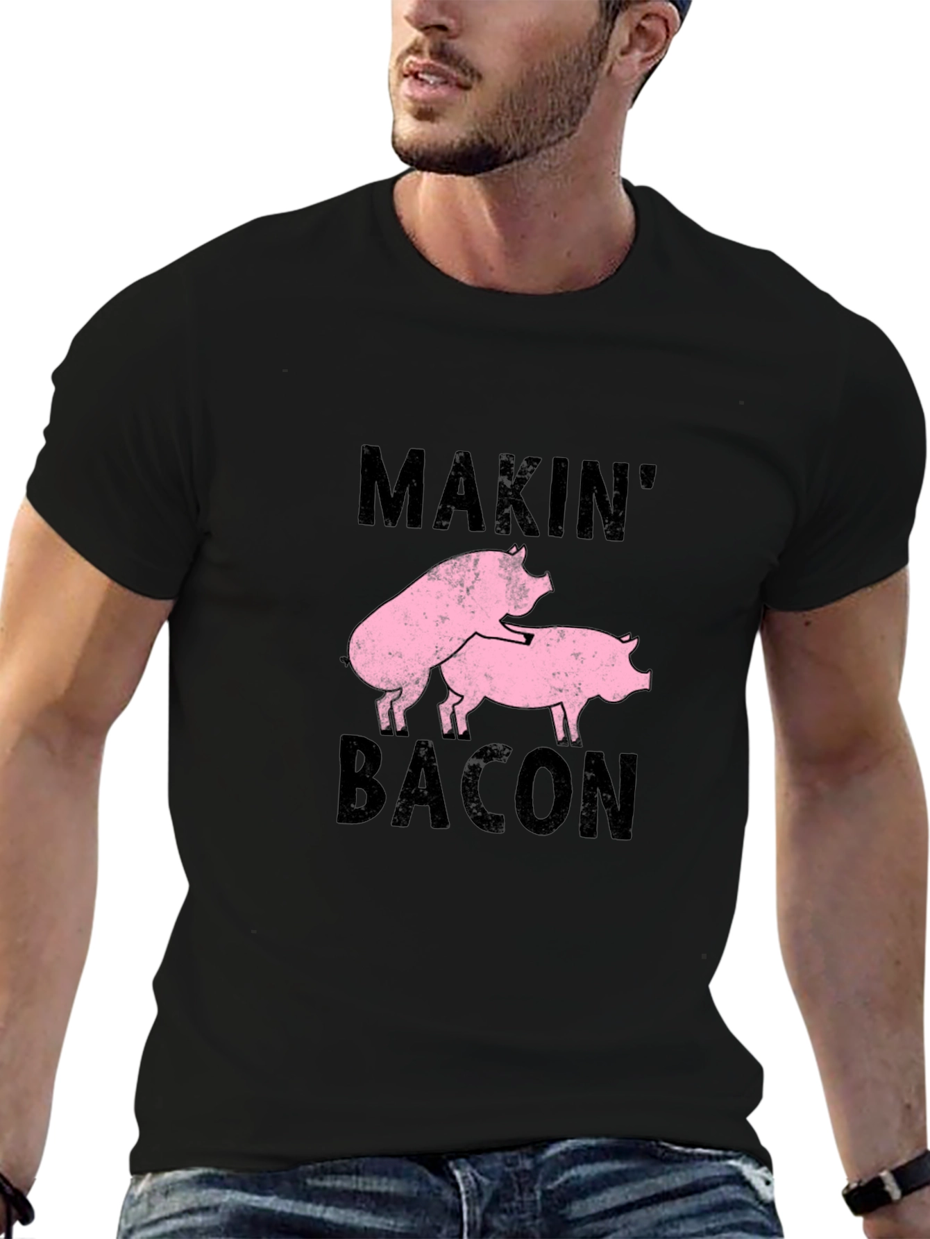 Black Makin' Bacon Graphic Tee - Black Cotton Casual T-Shirt view 6