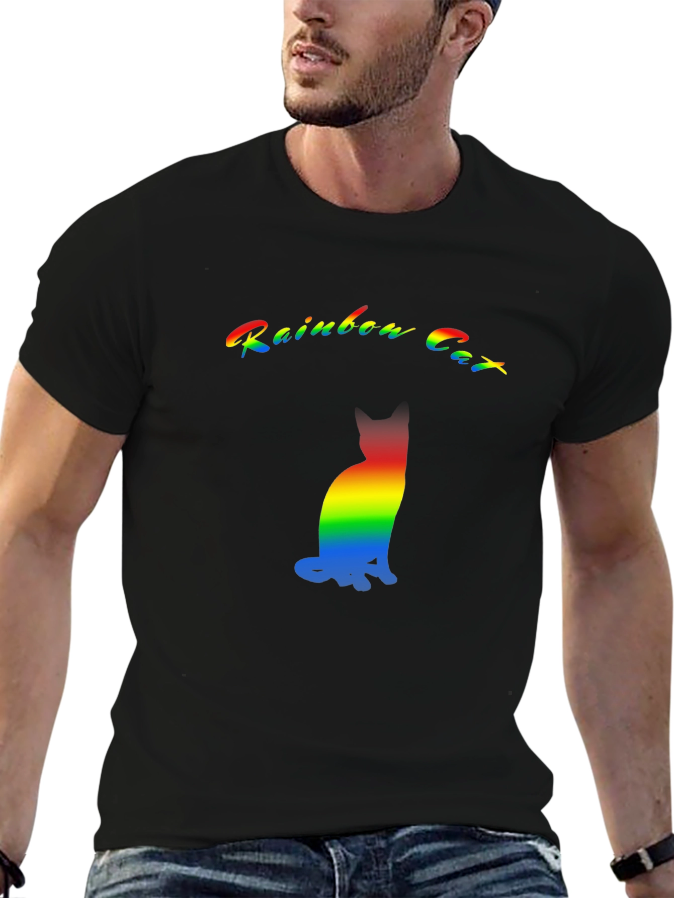 Black Rainbow Cat Graphic T-Shirt - Black Cotton Blend view 6