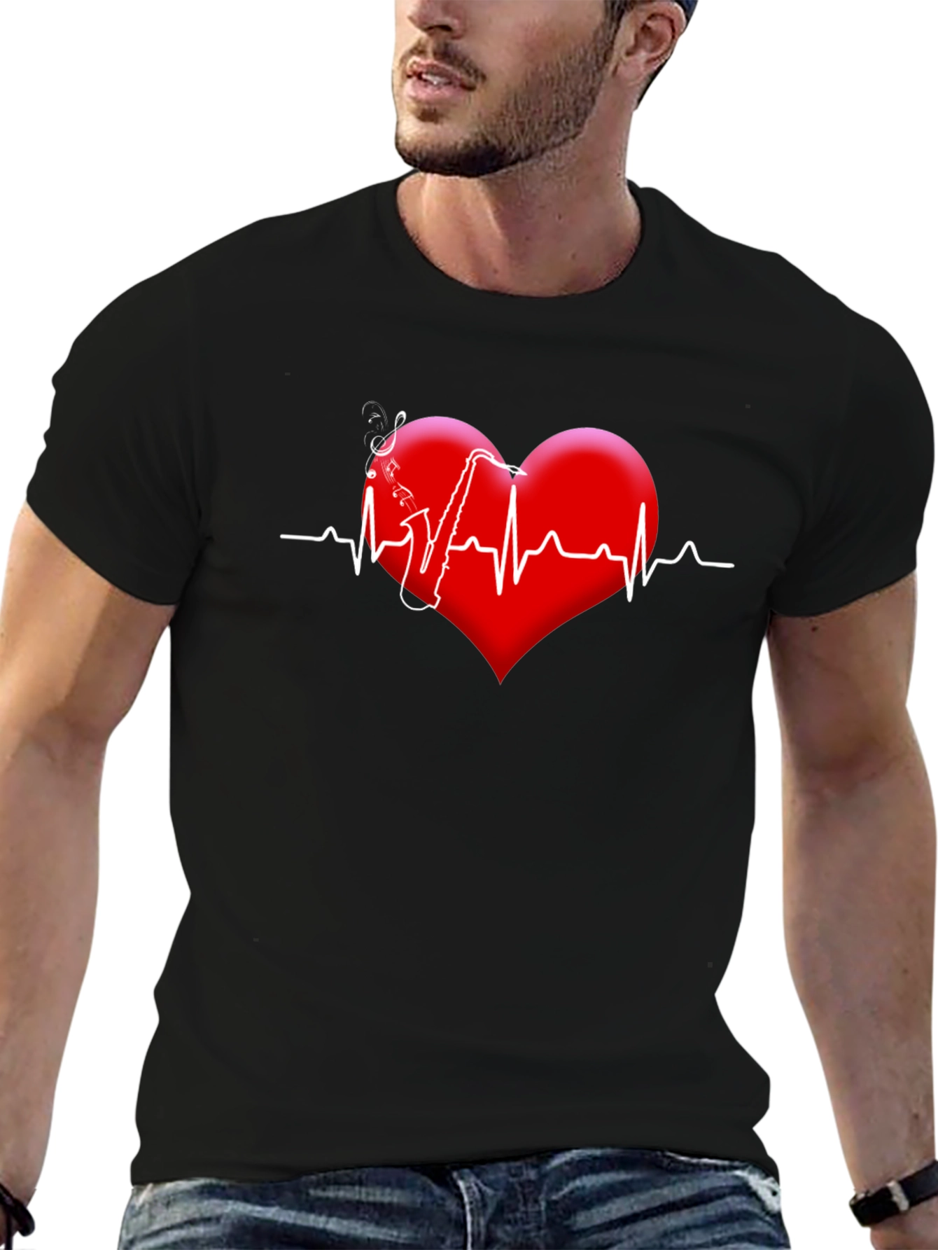 Black Saxophone Heartbeat Graphic Tee view 6