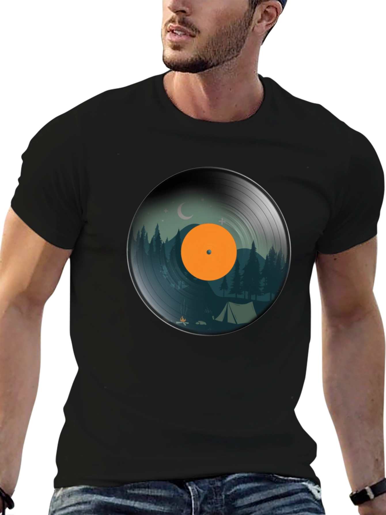 Black Camping Vinyl Record Graphic Tee - Nature Lover Shirt view 6