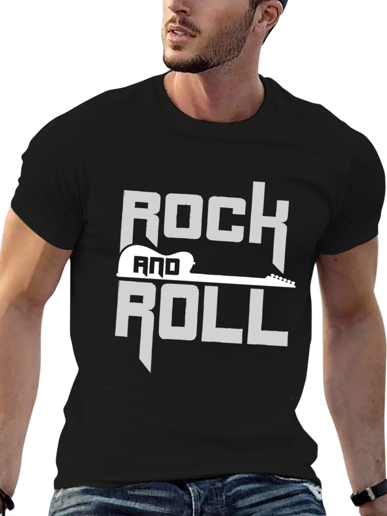 Black Rock and Roll Guitar Graphic Black T-Shirt view 6