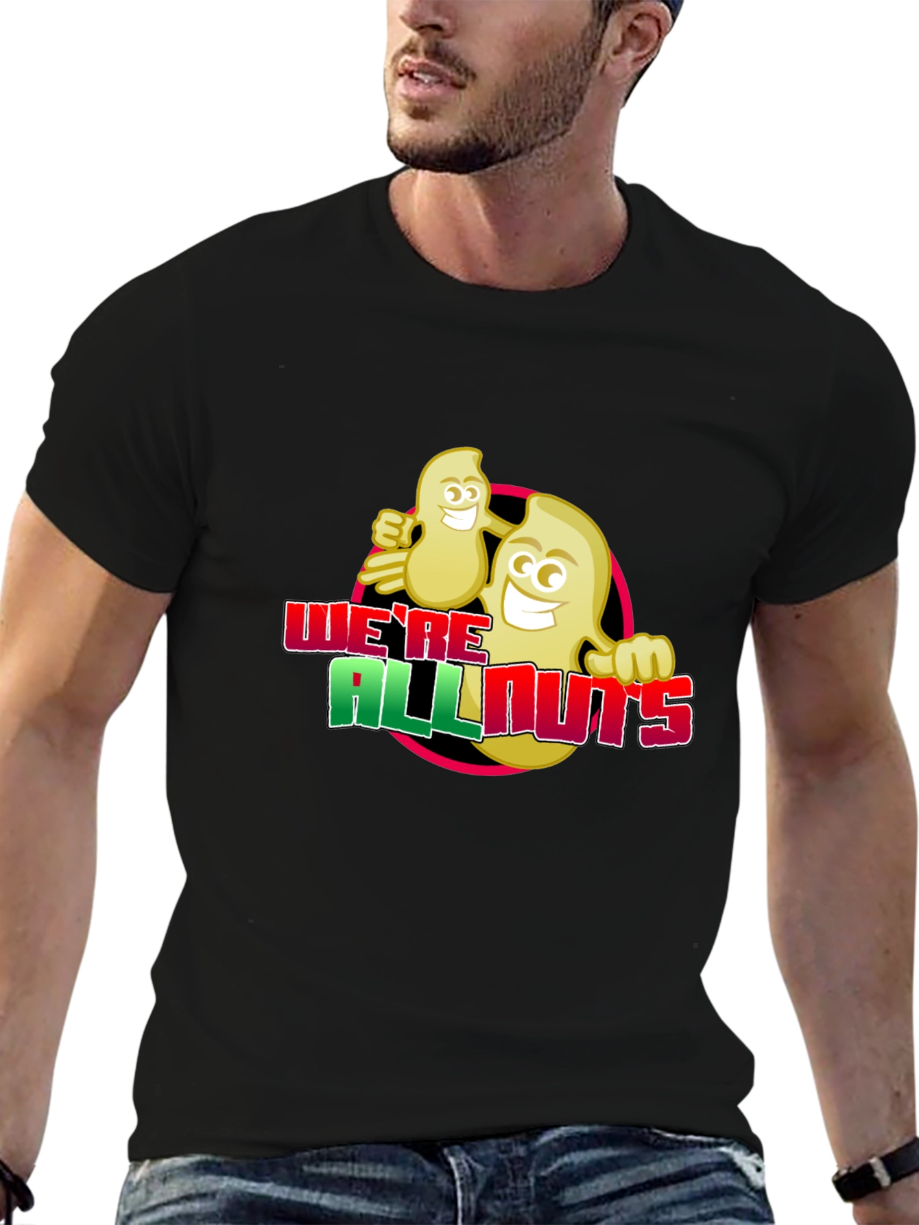 Black We're All Nuts T-Shirt - Funny Cartoon Graphic Tee view 6