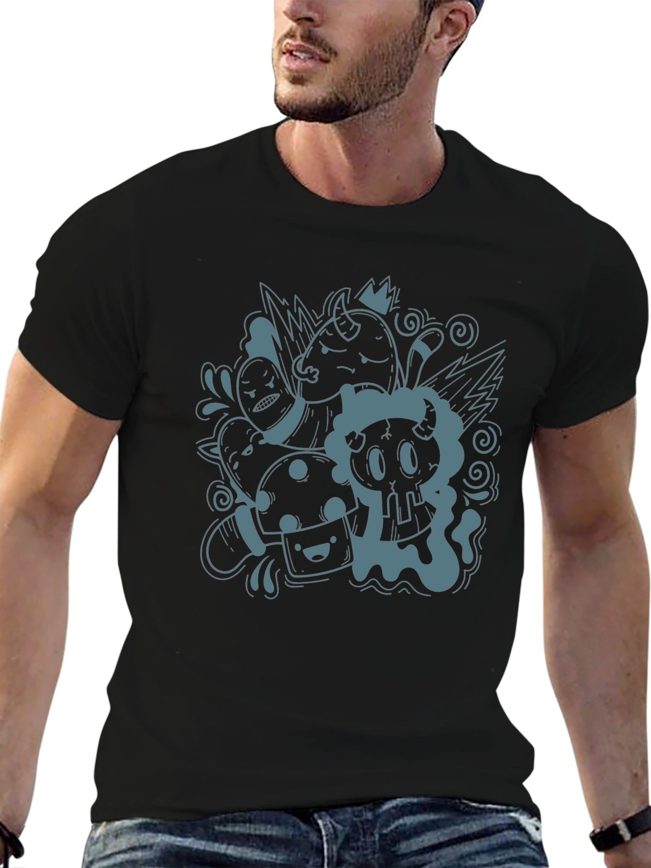 Black Funky Doodle Graphic Black T-Shirt - Unisex Casual Tee view 6