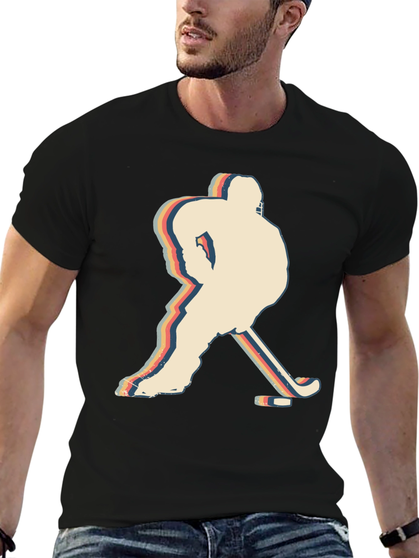 Black Retro Hockey Player Silhouette Graphic T-Shirt view 6