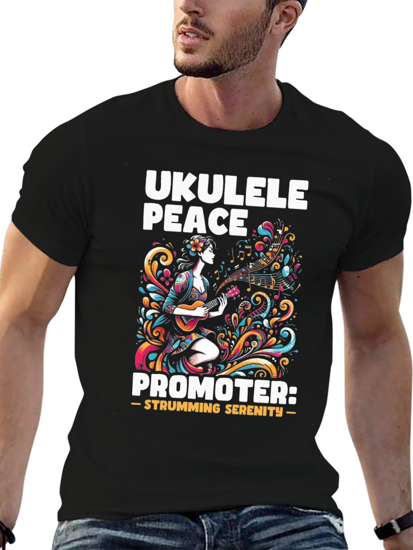 Black Ukulele Peace Promoter Black T-Shirt view 6