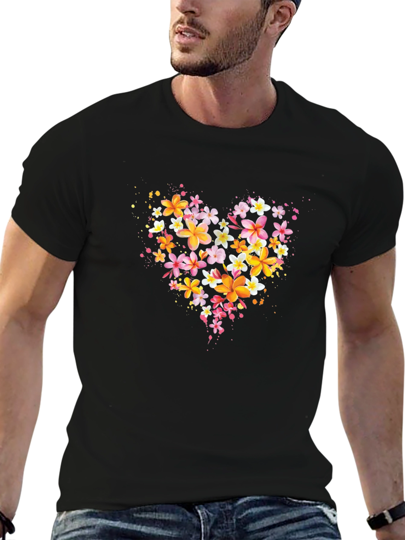 Black Floral Heart T-Shirt - Black Crew Neck view 6