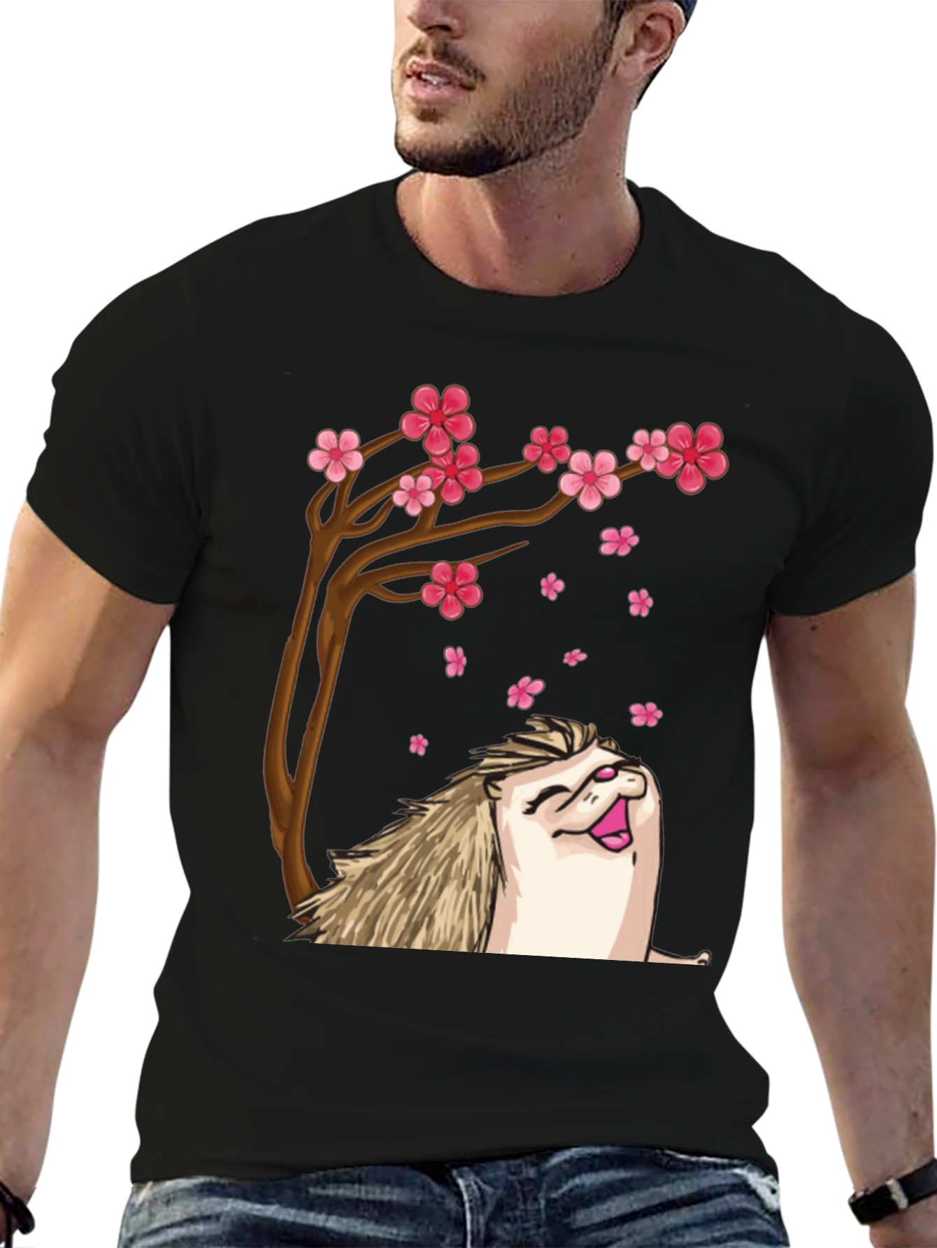 Black Hedgehog Sakura Tree Black T-Shirt view 6