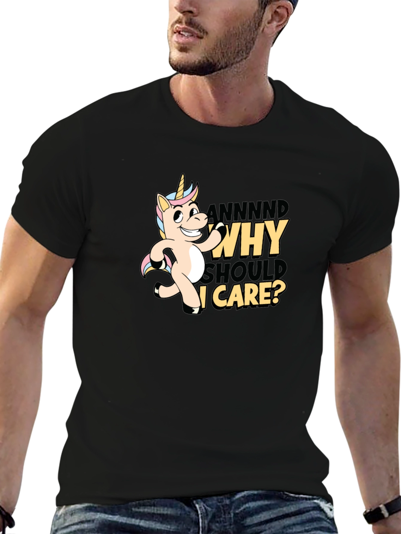 Black Funny Unicorn Why Should I Care T-Shirt view 6