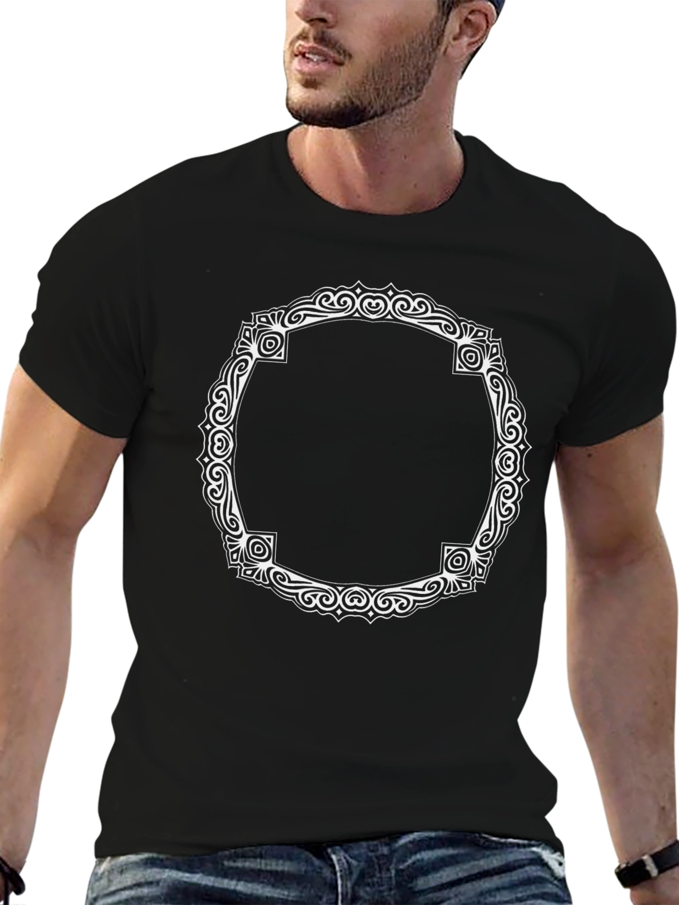 Black T-Shirt with Ornate White Frame Design - 6