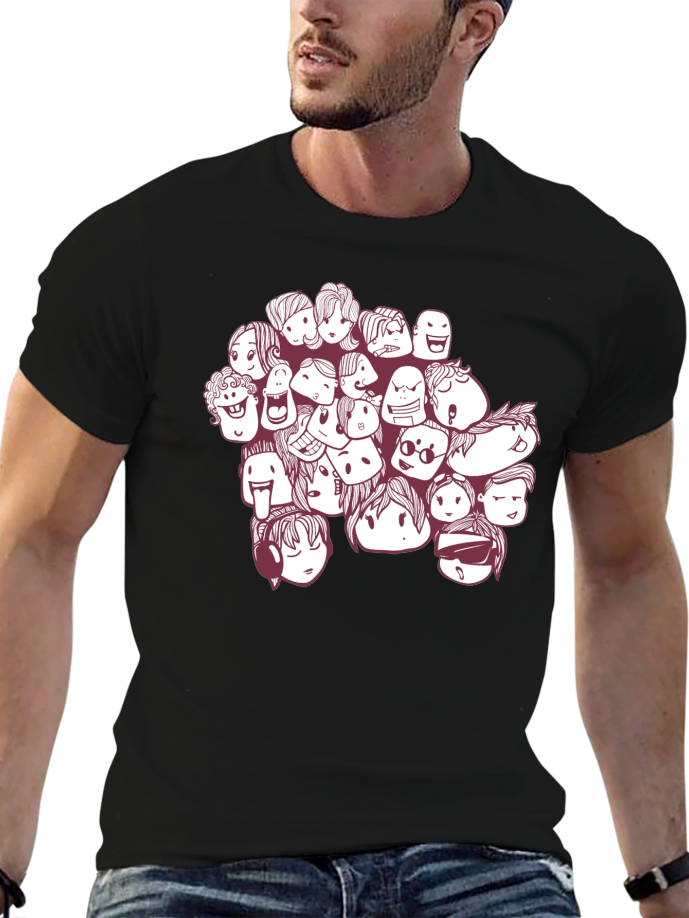 Black Cartoon Faces Graphic Print Black T-Shirt view 6