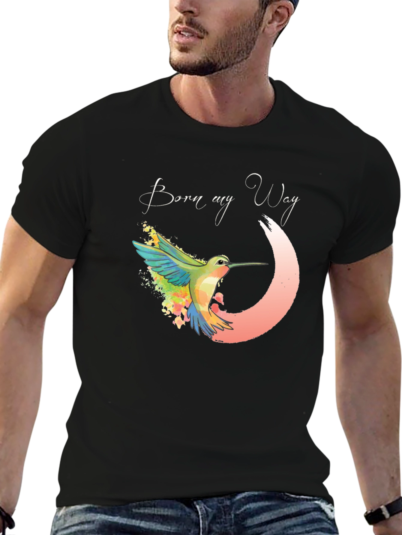 Black Born My Way T-Shirt - Watercolor Hummingbird Tee view 6
