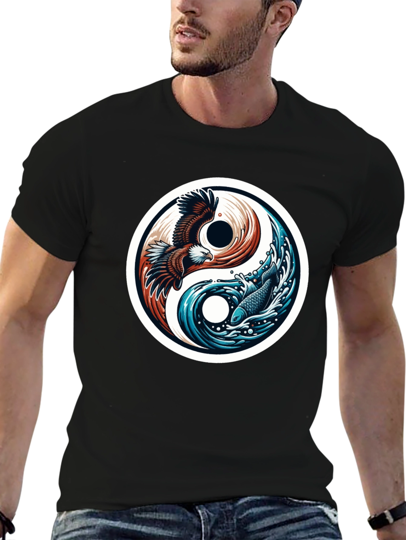 Black Yin Yang Eagle Fish Graphic Tee - Harmony & Style view 6