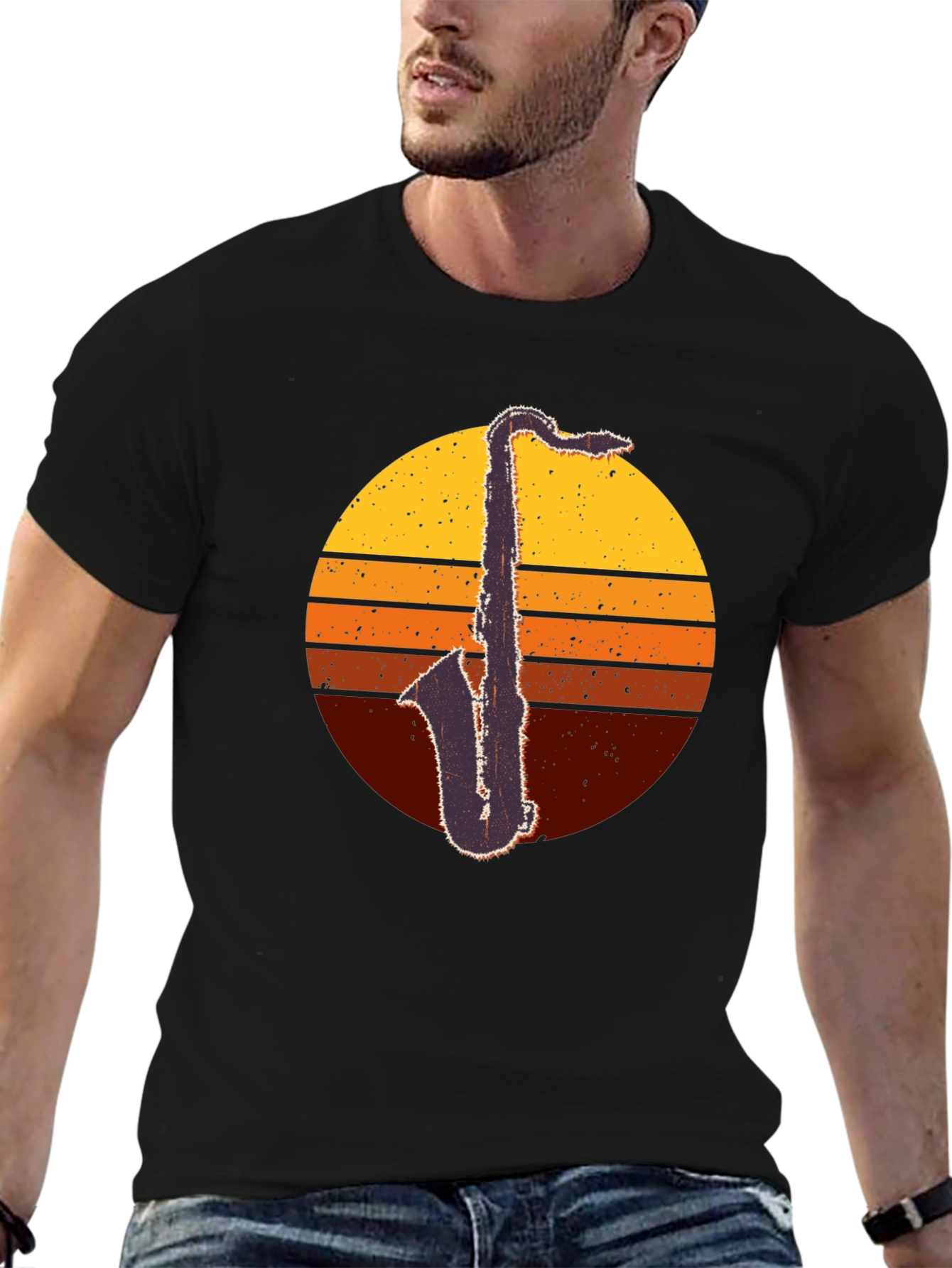 Black Retro Saxophone Sunset T-Shirt - Classic Cool view 6