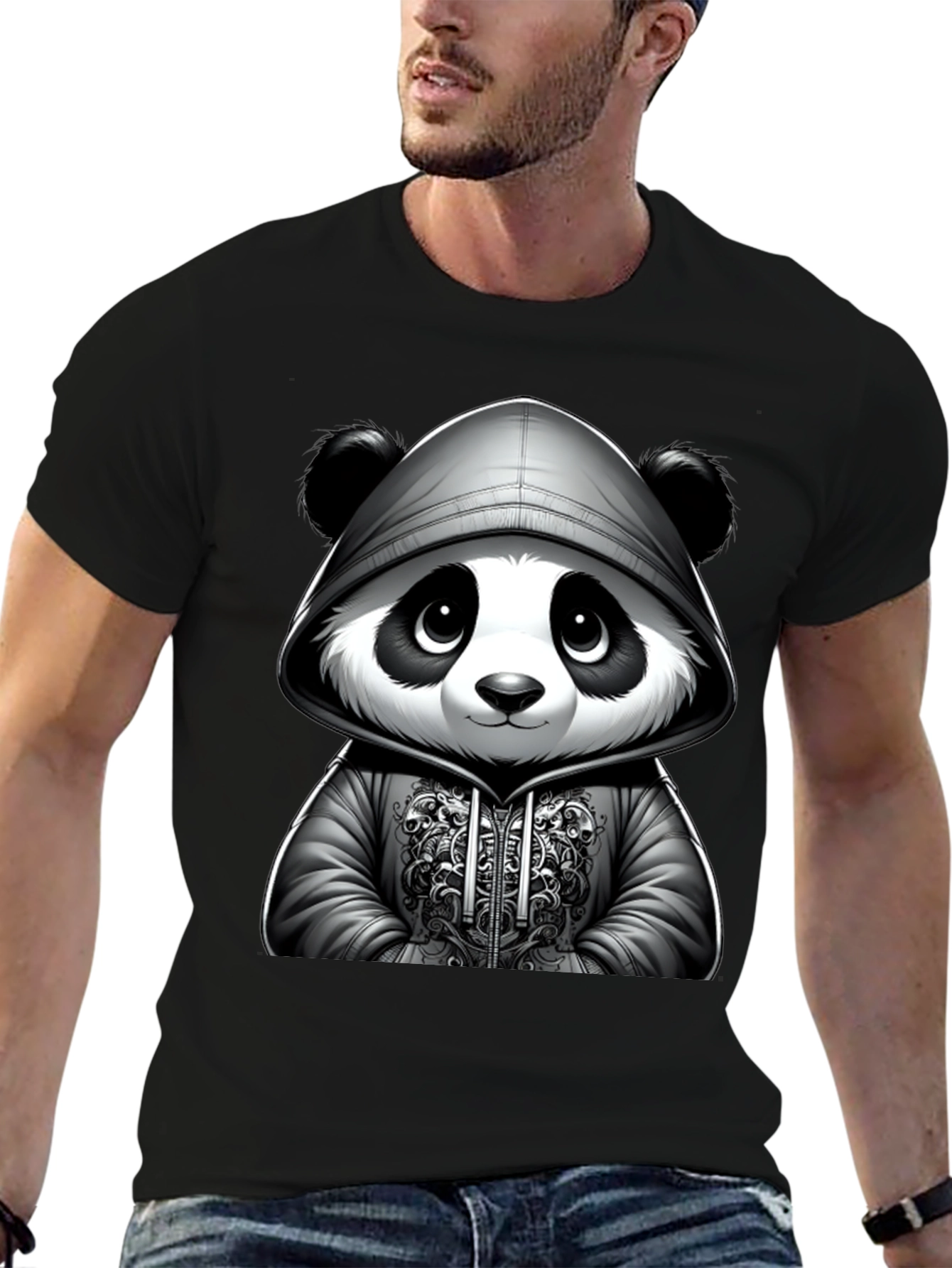 Black Cool Panda Hoodie T-Shirt view 6