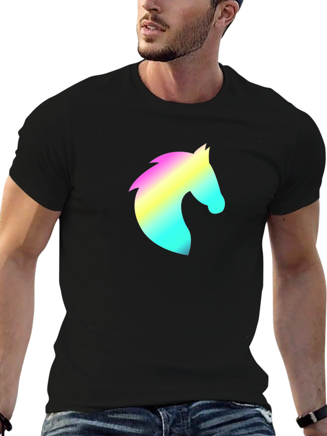 Black Men's Black T-Shirt with Rainbow Horse Head Design view 6