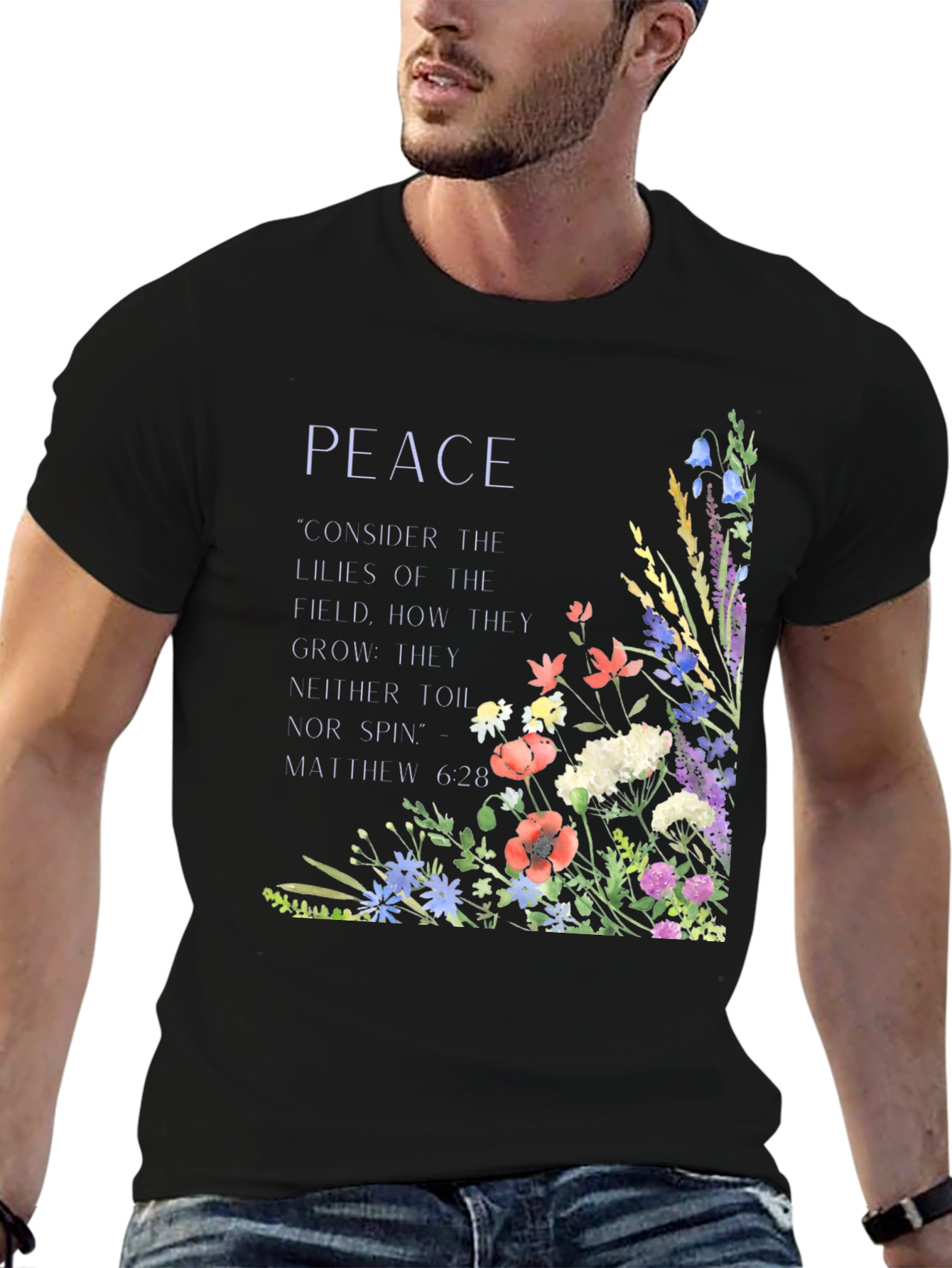 Black Peace Floral T-Shirt - Matthew 6:28 Scripture Tee view 6