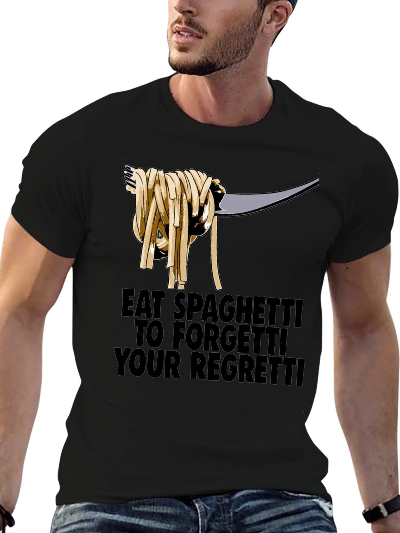 Black Eat Spaghetti To Forgetti Your Regretti T-Shirt view 6