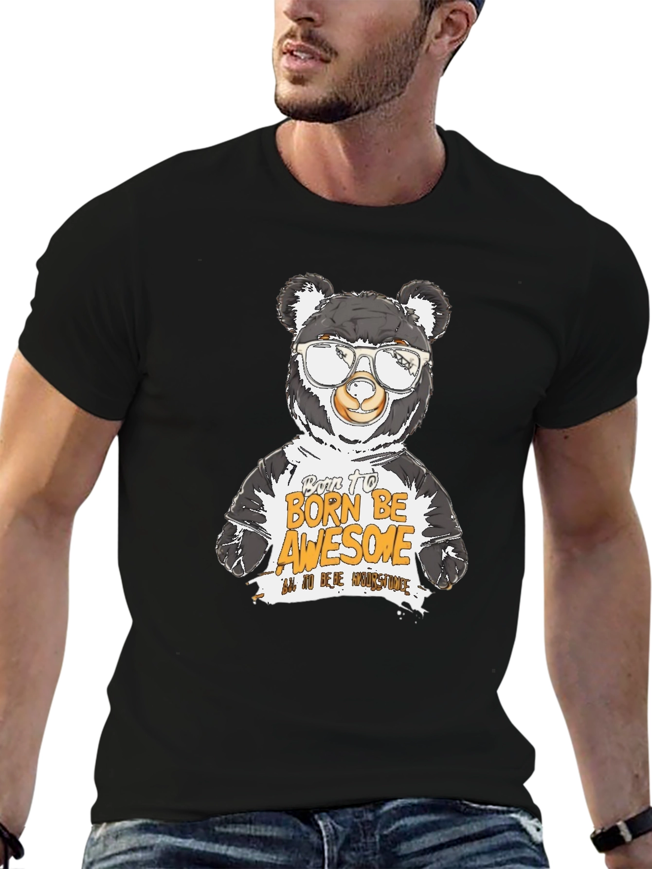 Black Cool Bear Graphic T-Shirt - Born to Be Awesome view 6
