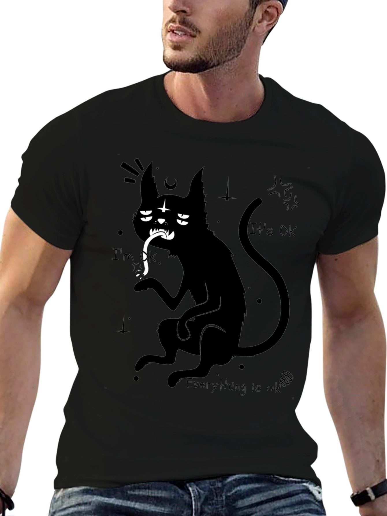 Black Gothic Cat Graphic Tee - I'm OK, Everything is OK view 6