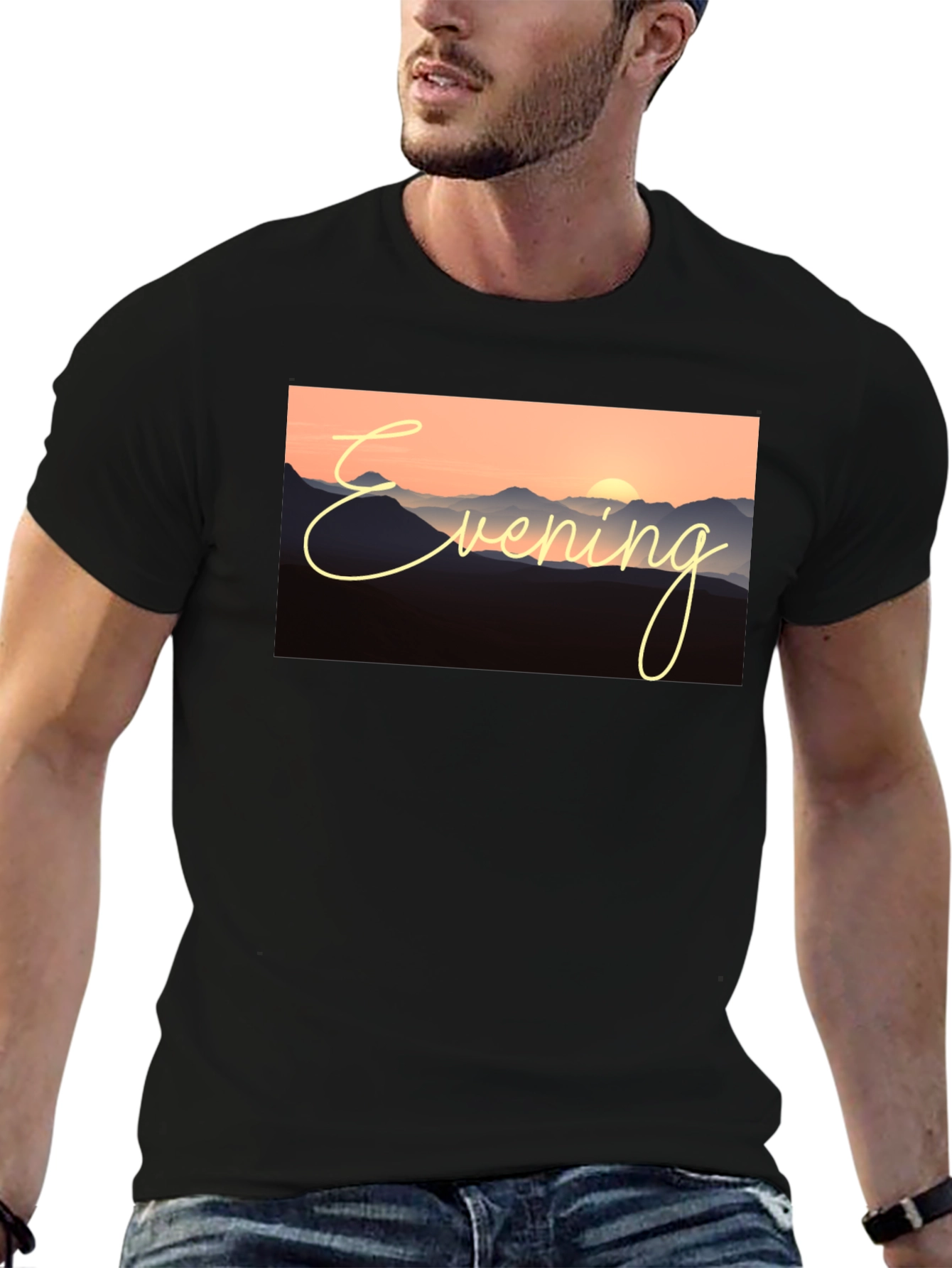 Black Evening Mountain Sunset Black T-Shirt view 6
