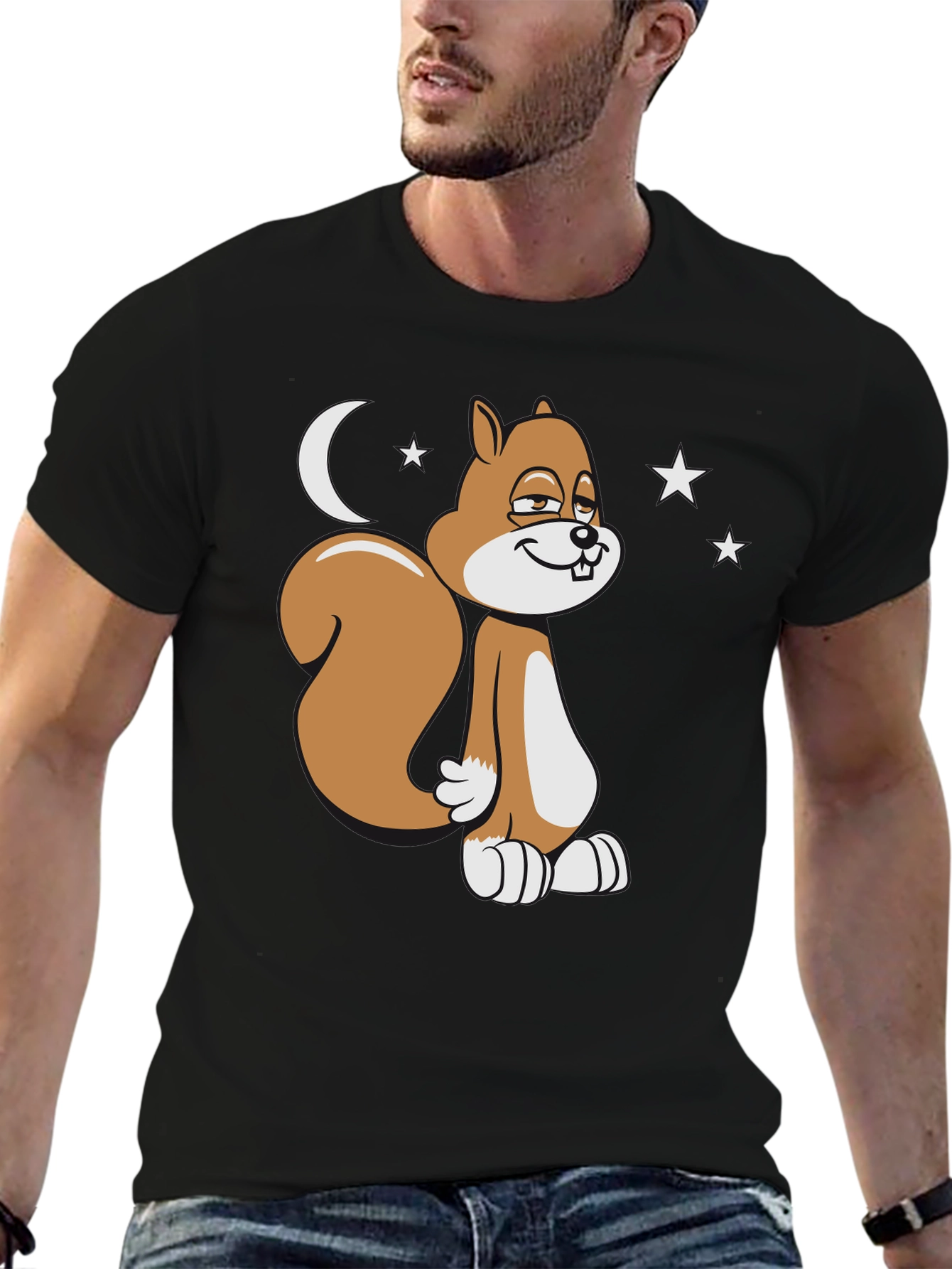 Black Funny Squirrel Moon Stars Graphic T-Shirt view 6