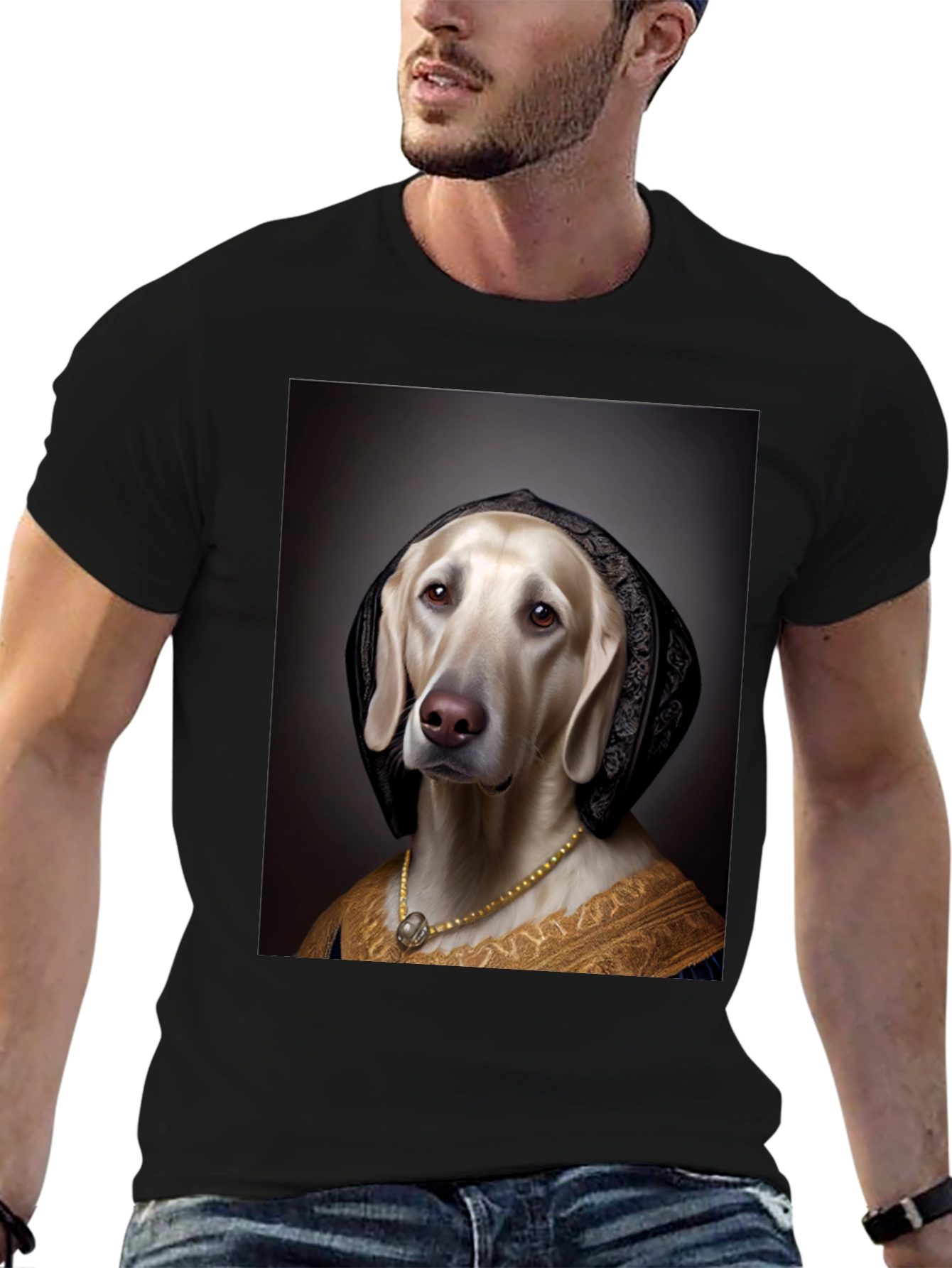 Black Renaissance Dog Portrait T-Shirt - Unique Art Tee view 6