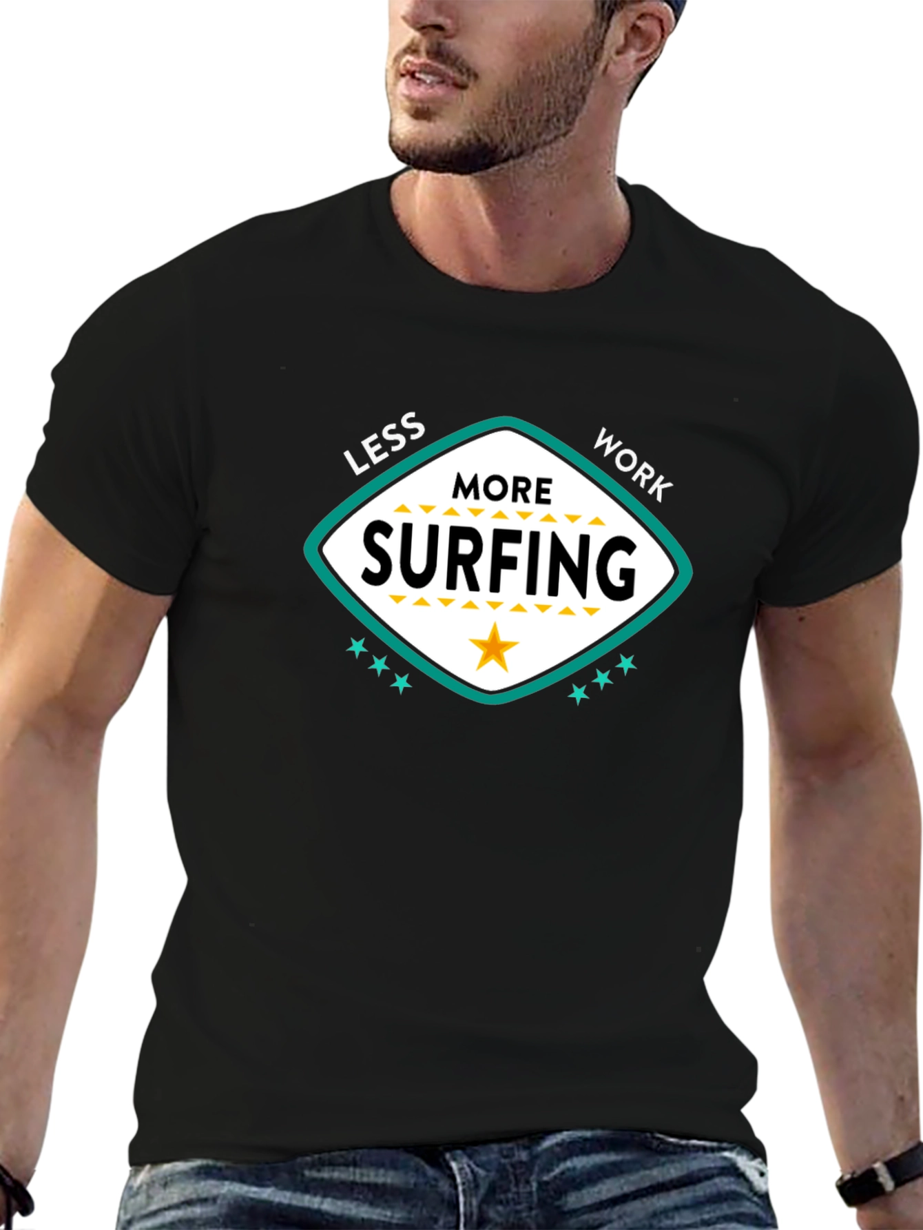Black Less Work More Surfing Graphic Tee - Black view 6