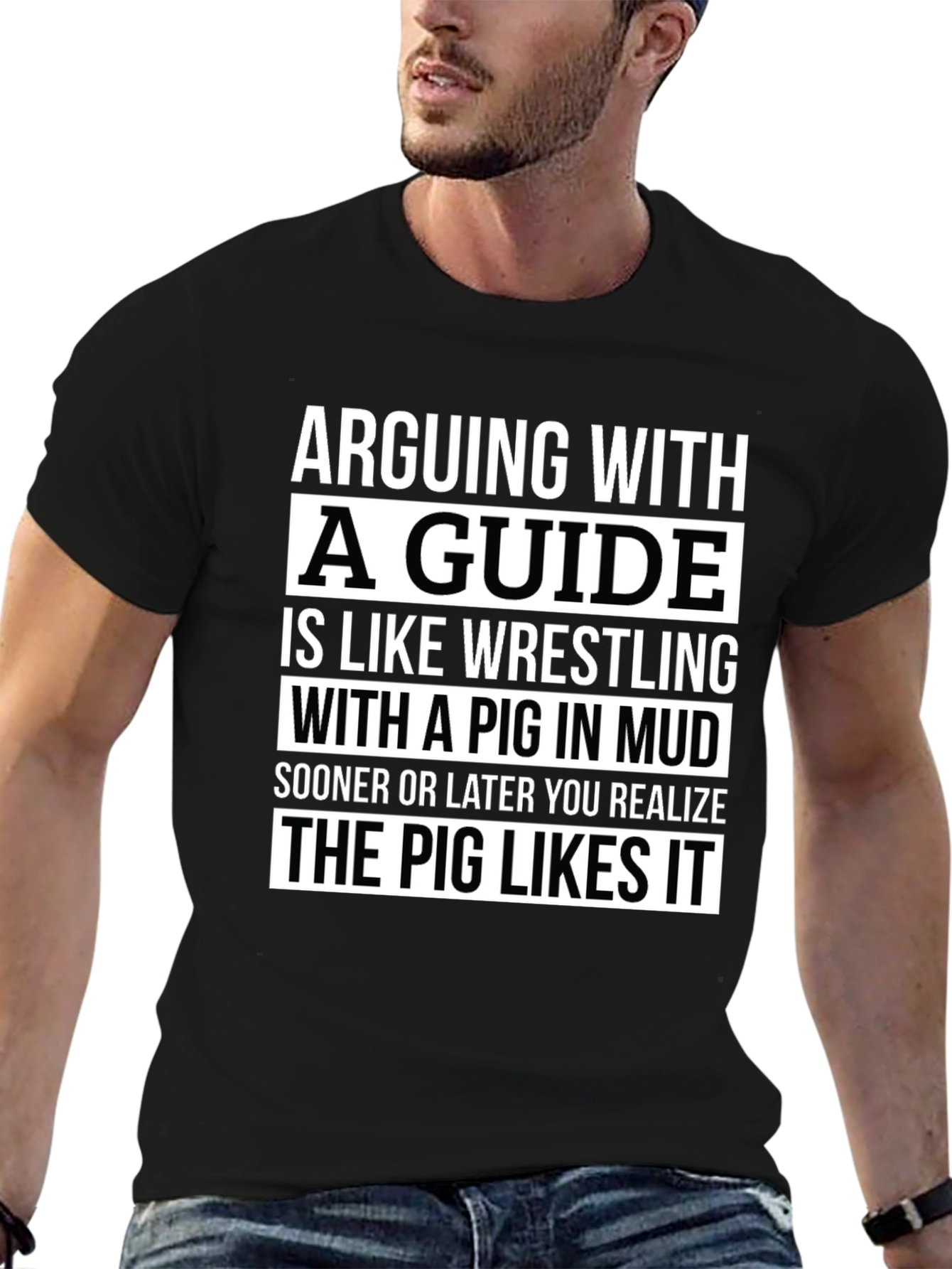 Black Arguing With a Guide Pig in Mud Black T-Shirt view 6