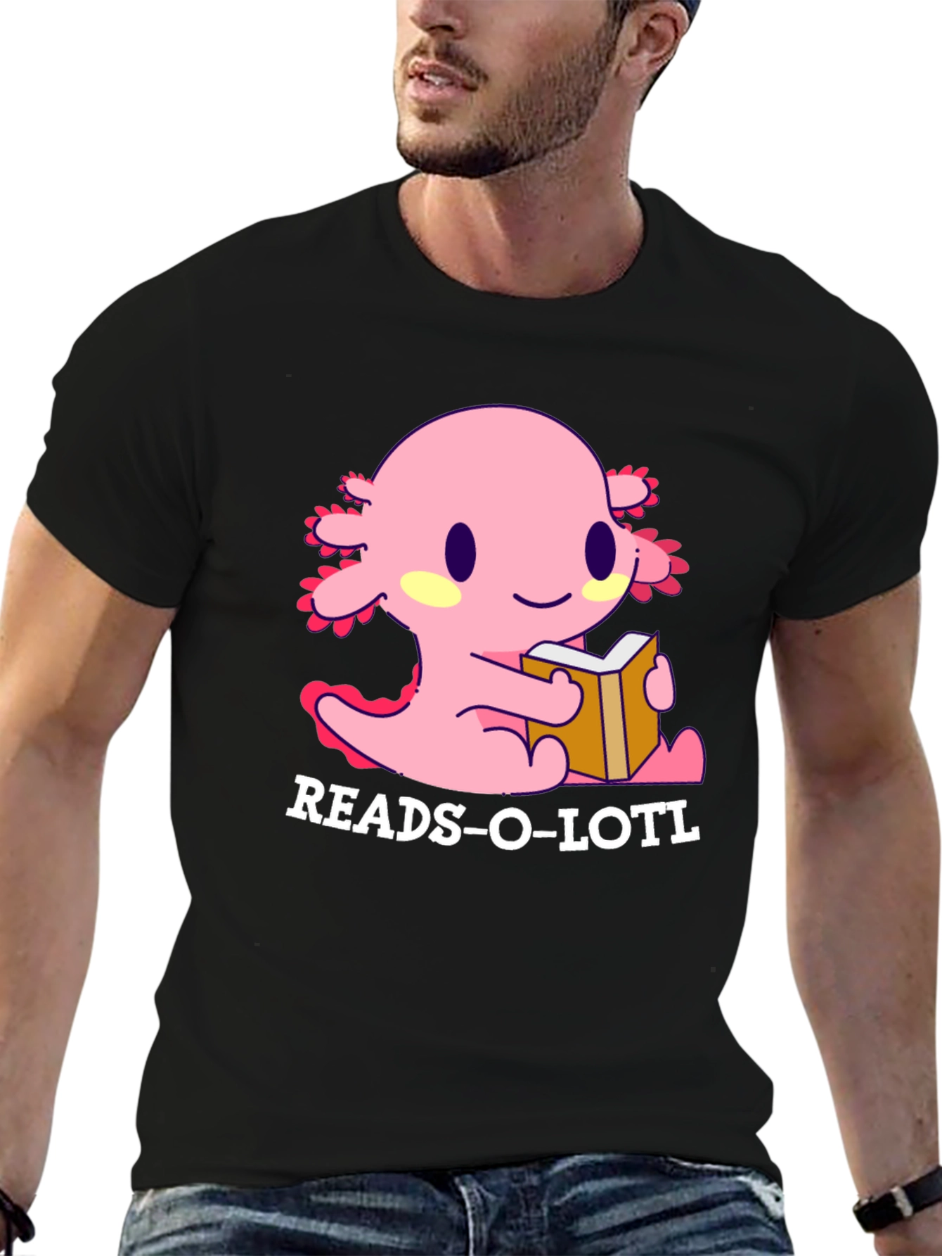 Black Reads-O-Lotl Axolotl Reading T-Shirt view 6