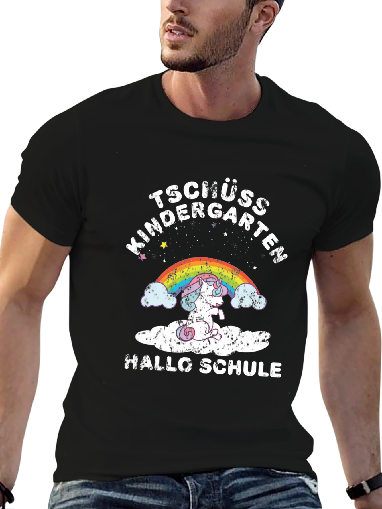 Black Tschüss Kindergarten Hallo Schule Unicorn T-Shirt view 6