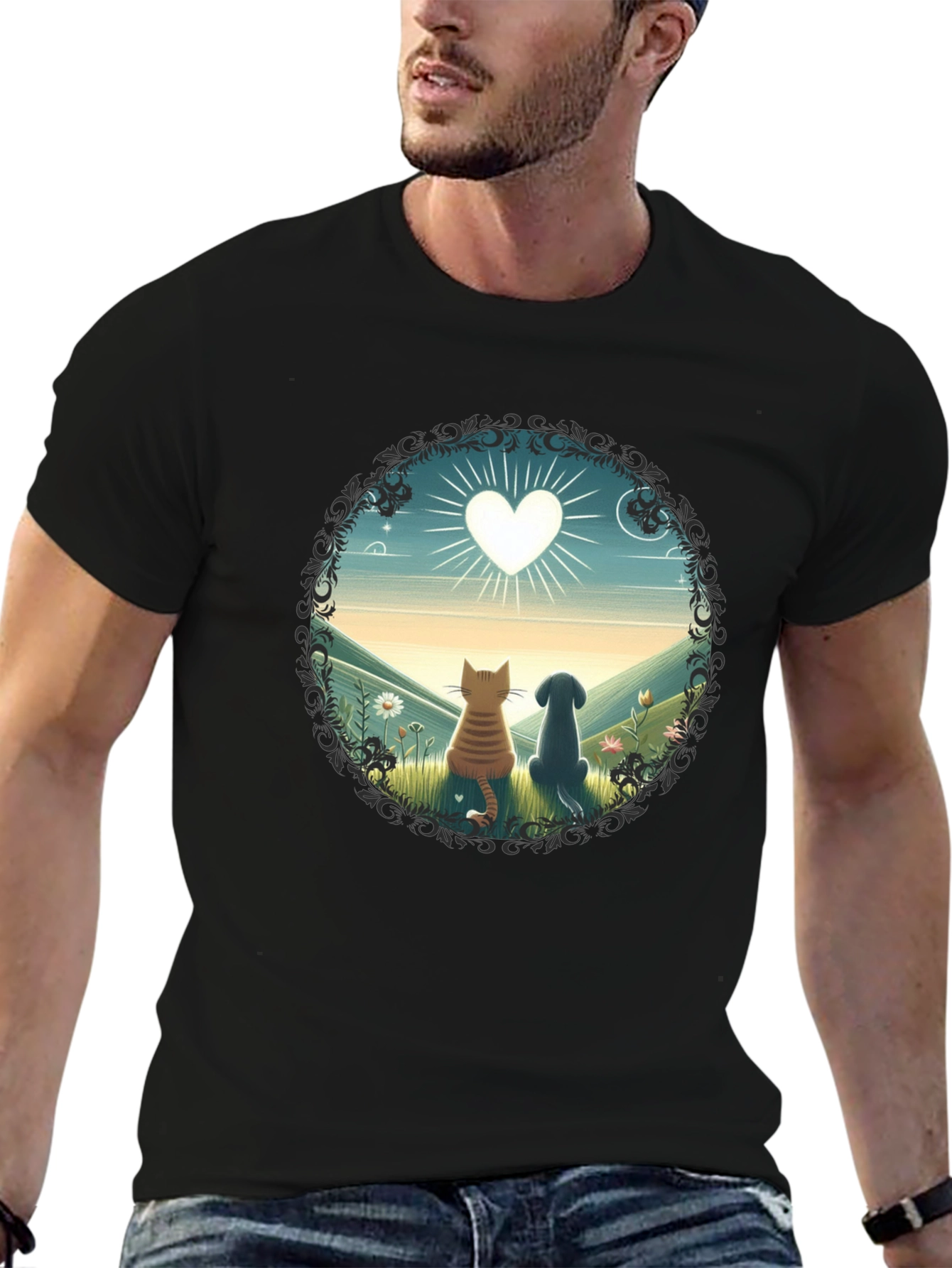 Black Cat & Dog Love T-Shirt view 6