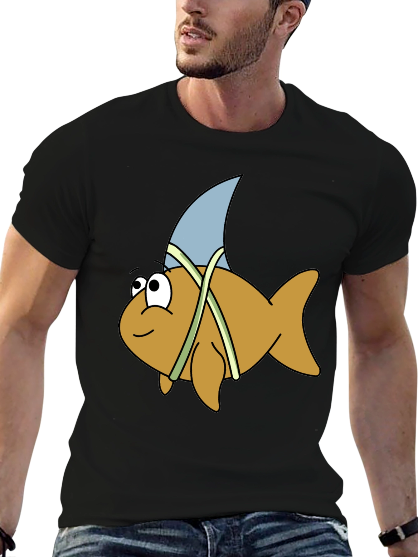 Cartoon Shark Fin Fish Black T-Shirt - 6
