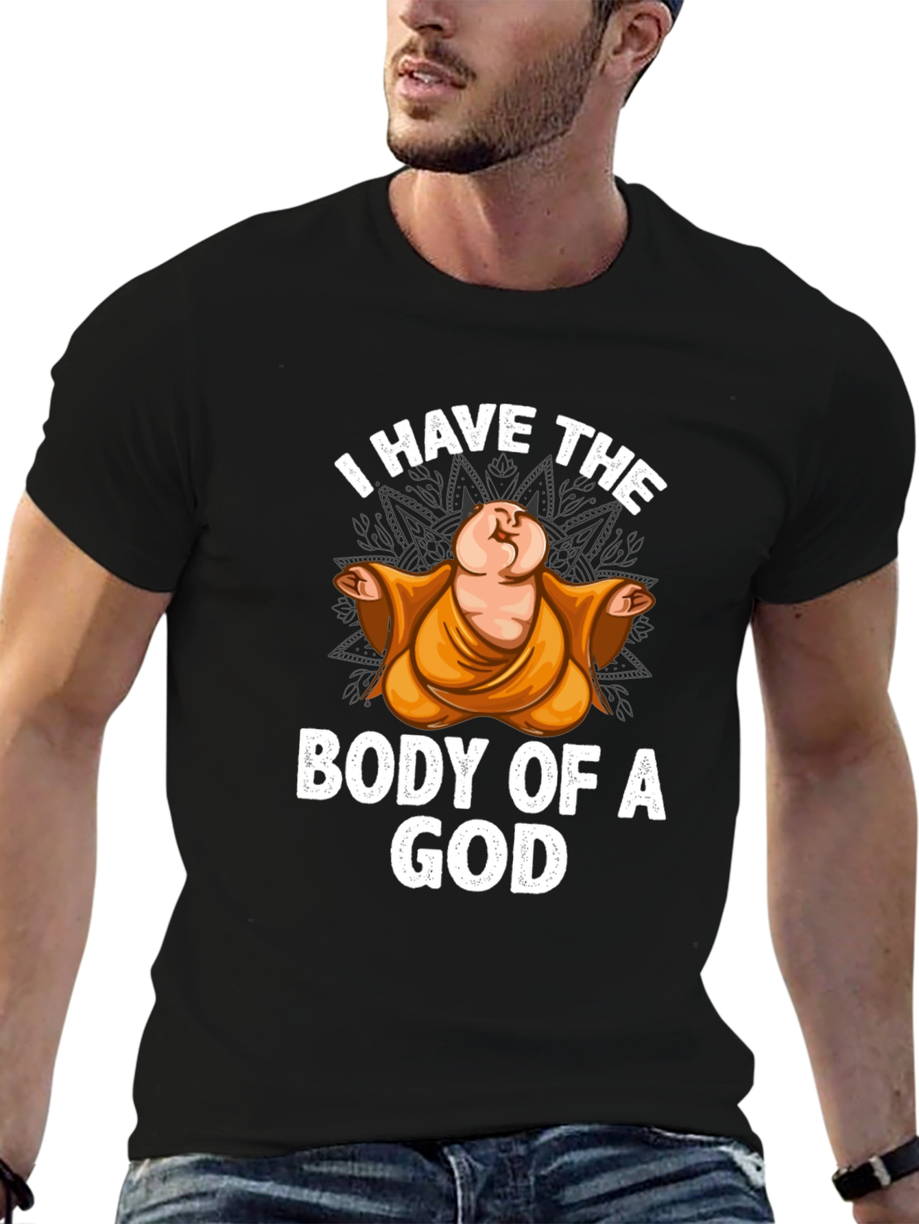 Black I Have The Body Of A God T-Shirt Funny Buddha Graphic Tee view 6