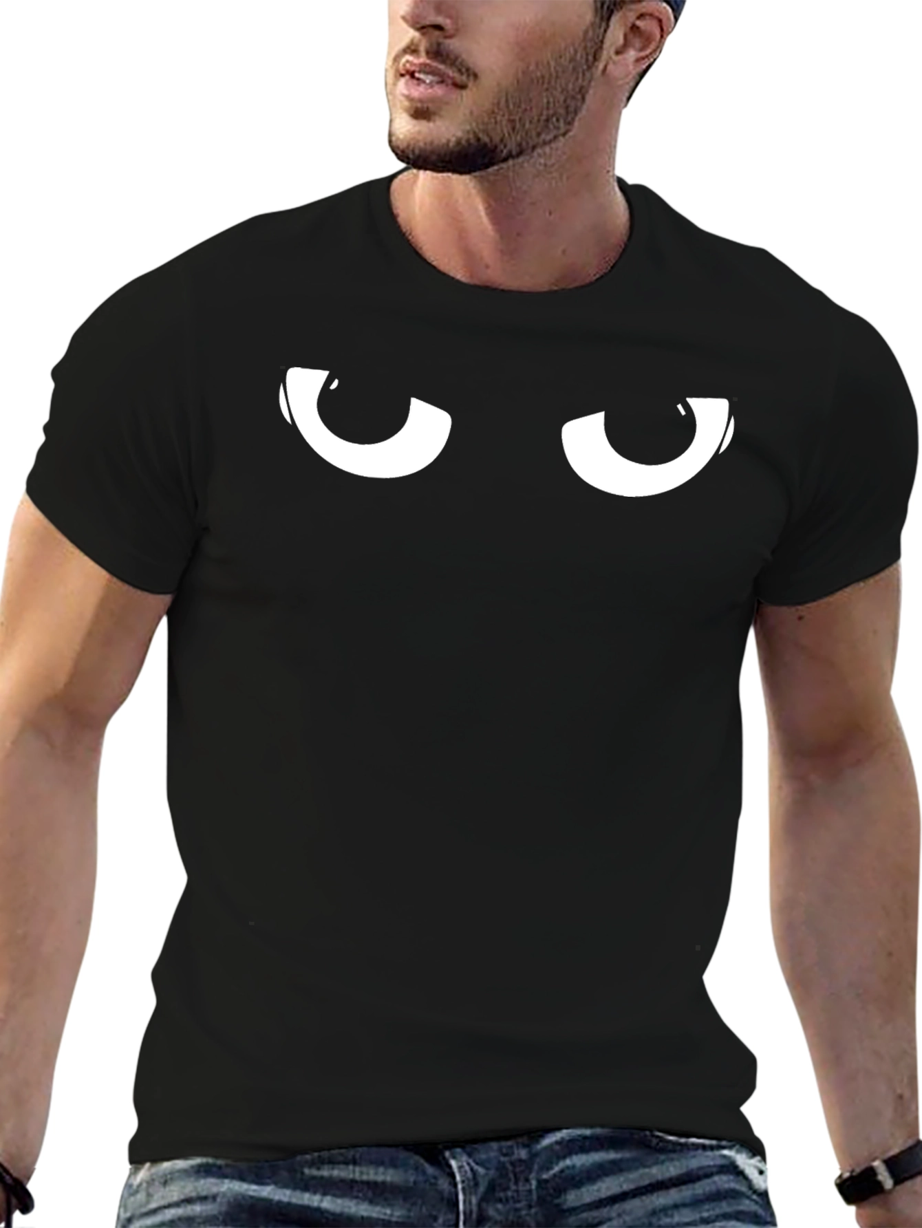 Black Men's Black T-Shirt with Cartoon Eyes Graphic view 6