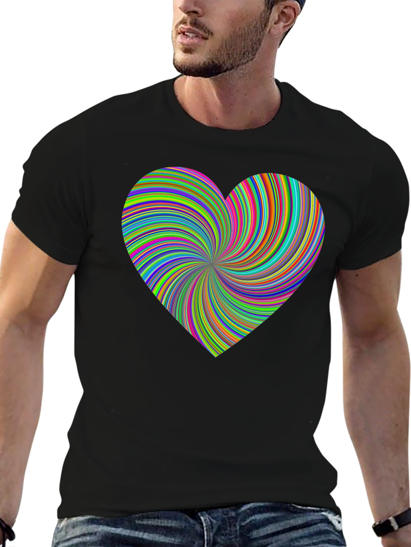 Black Vibrant Swirl Heart Black T-Shirt - Modern Artistic Tee view 6