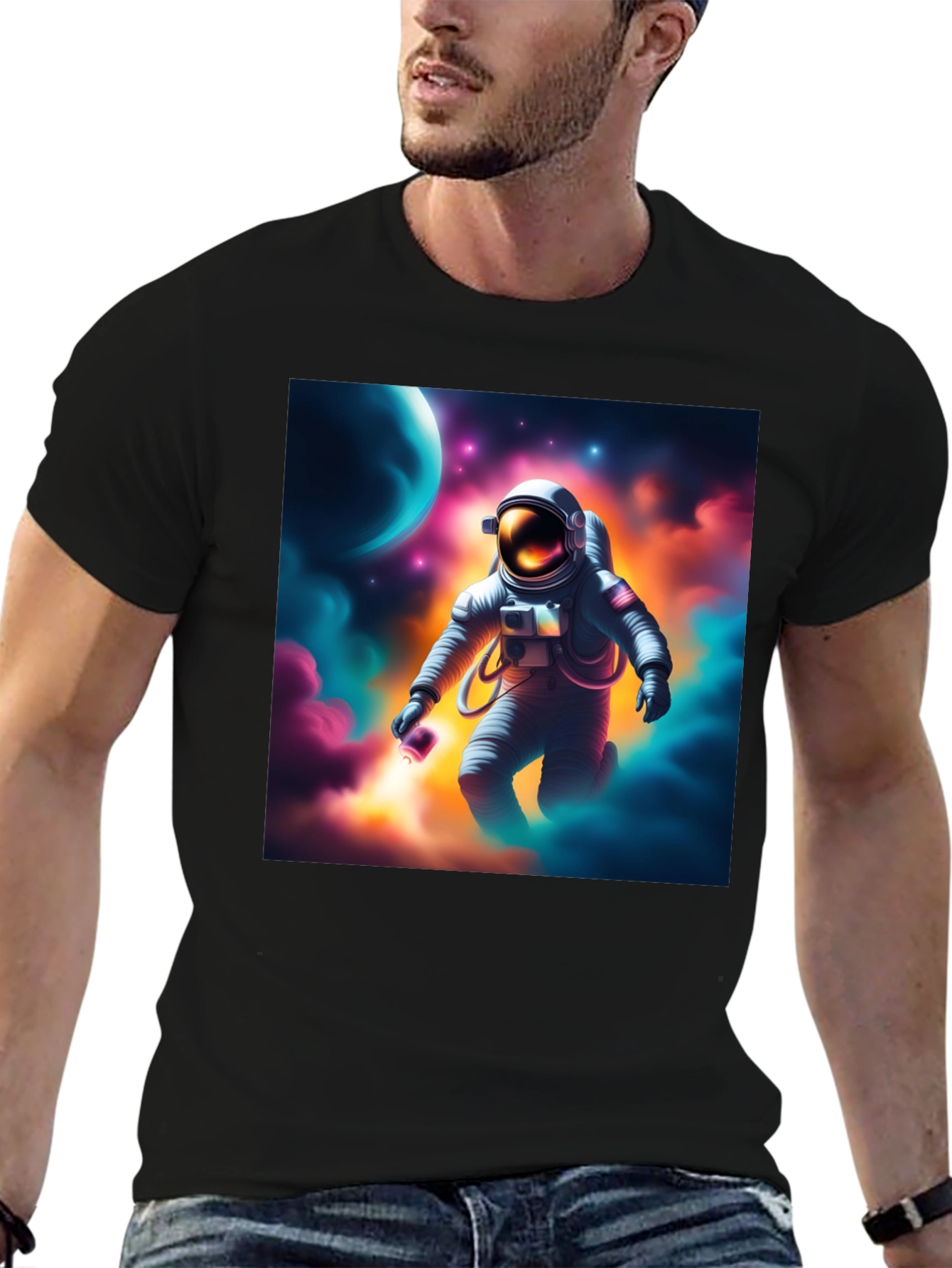 Black Astronaut in Space Graphic T-Shirt view 6
